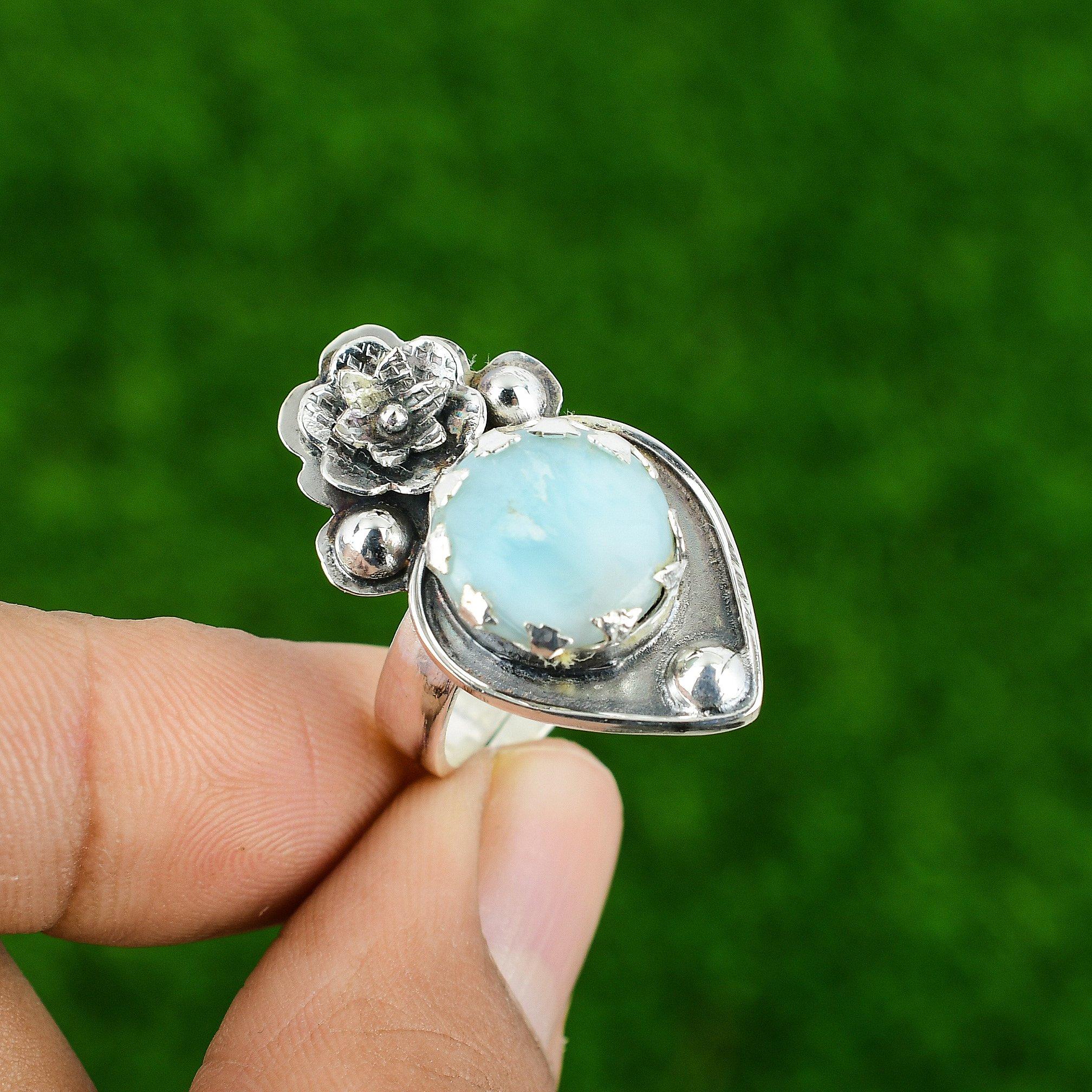 Gift For Her 925 Silver Natural Larimar Gemstone Promise Flower Adjustable Ring