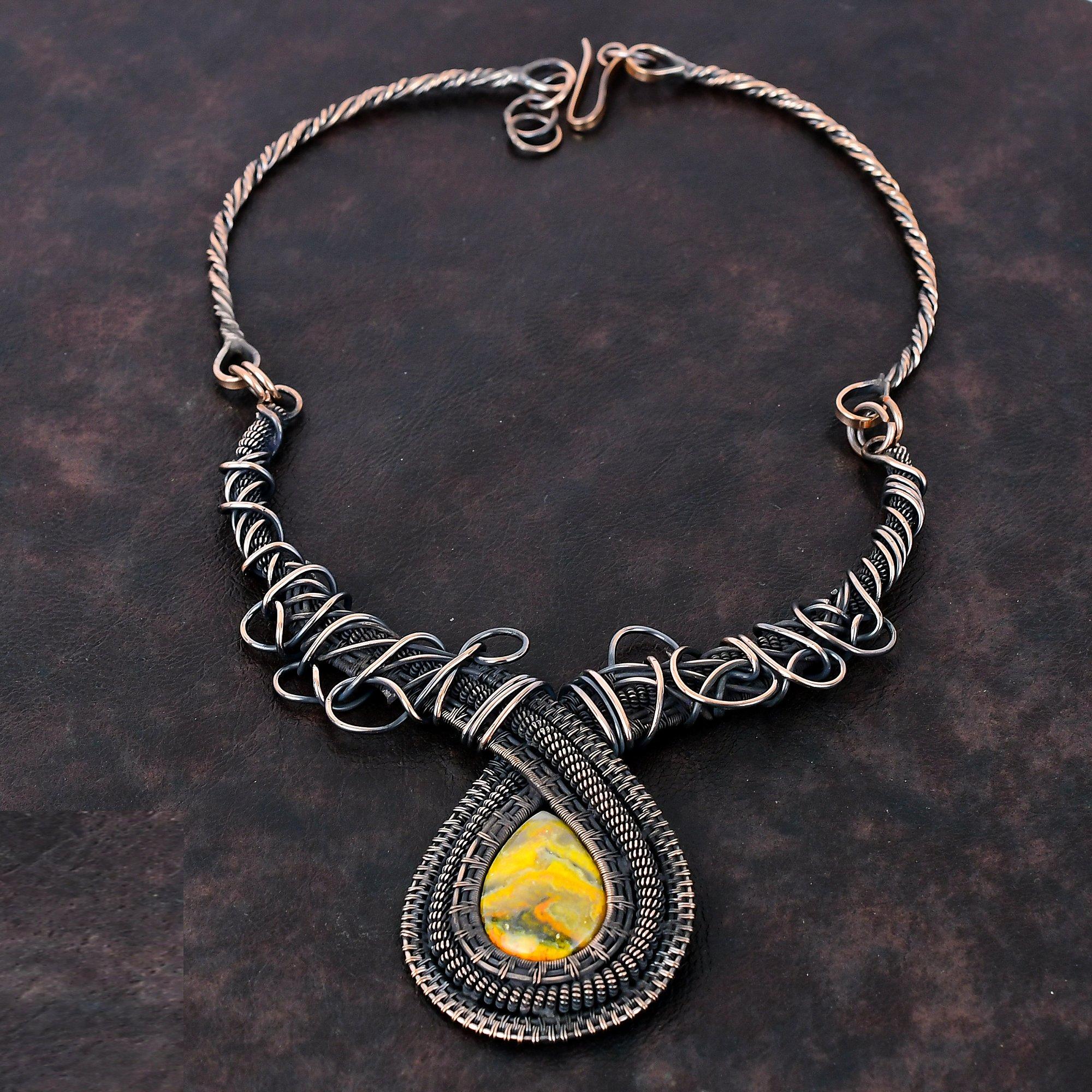 Ожерелье из яшмы шмеля, ожерелье из медной проволоки, регулируемое ожерелье, дизайнерское ожерелье ручной работы, драгоценные камни, медные украшения, подарок для мамы