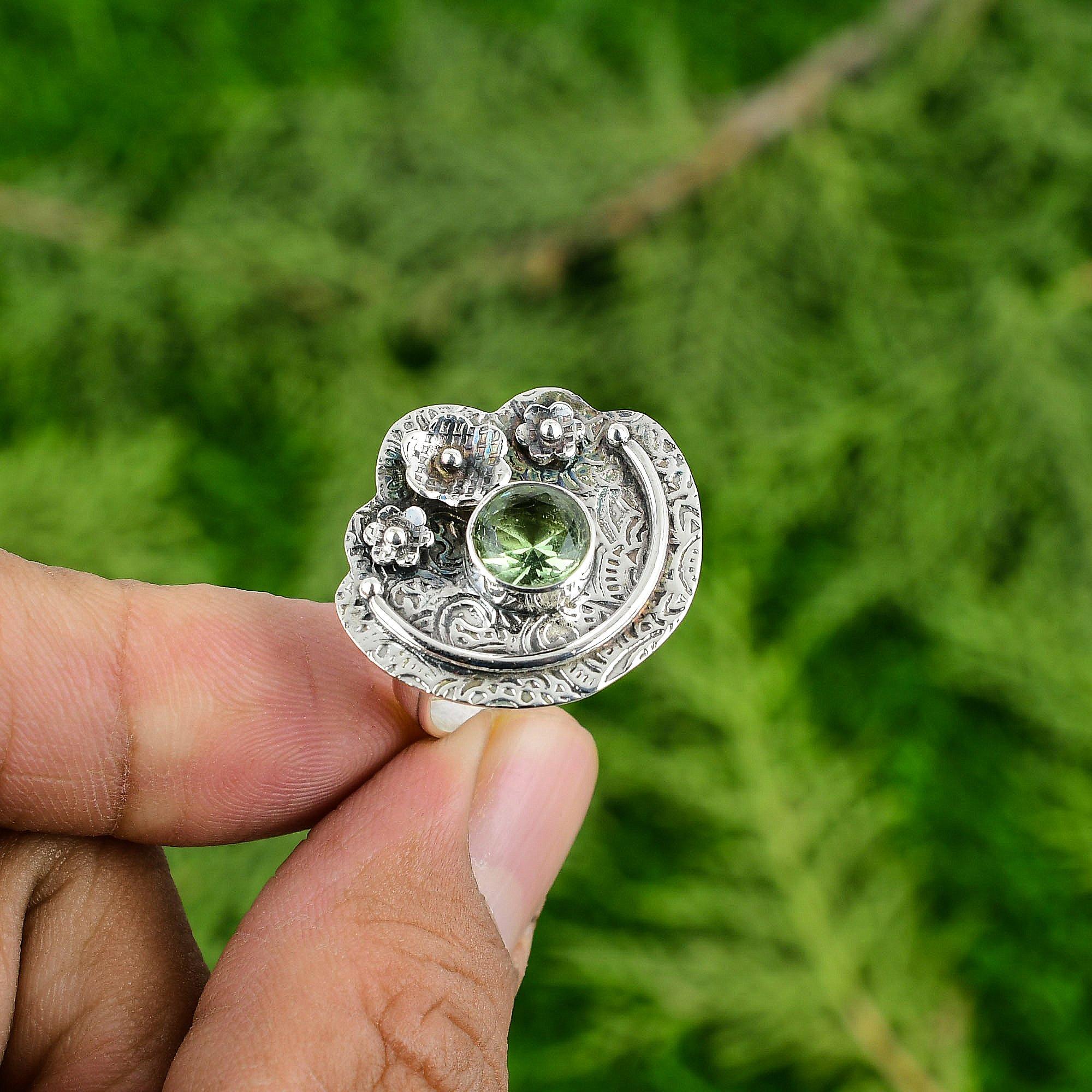 925 Silver Round Green Amethyst Stone Solitaire Art Deco Flower New Ring Jewelry