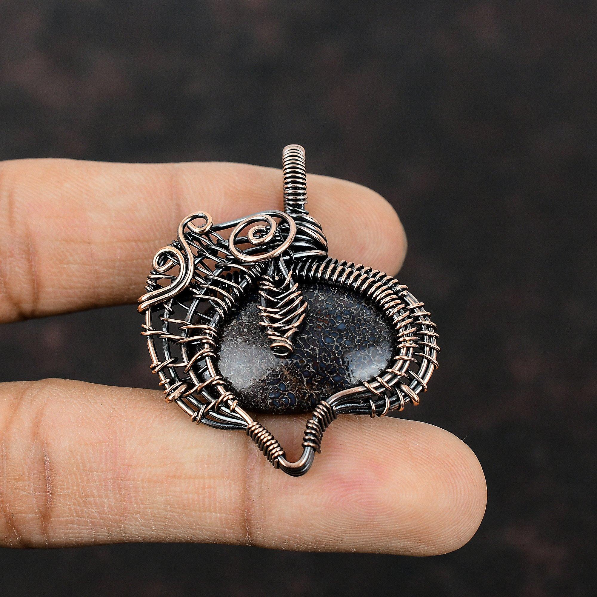 Dinosaur Bone Pendant Copper Wire Wrapped Pendant Genuine Gemstone Jewelry Handmade Ethnic Pendant Copper Wire Wrap Jewelry Pendant For Gift