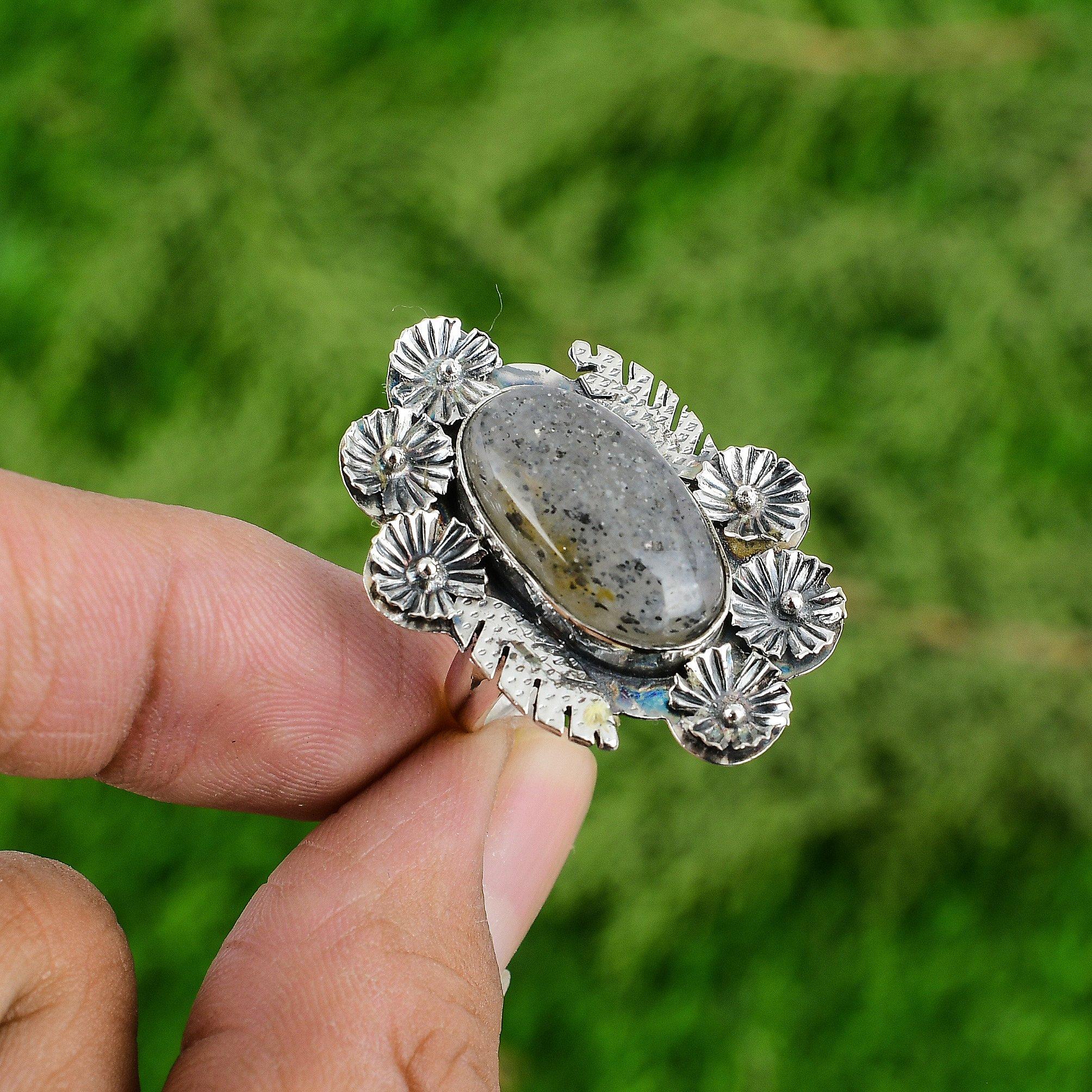 Gift For Her 925 Silver Natural Black Sunstone Stackable Flower Adjustable Ring