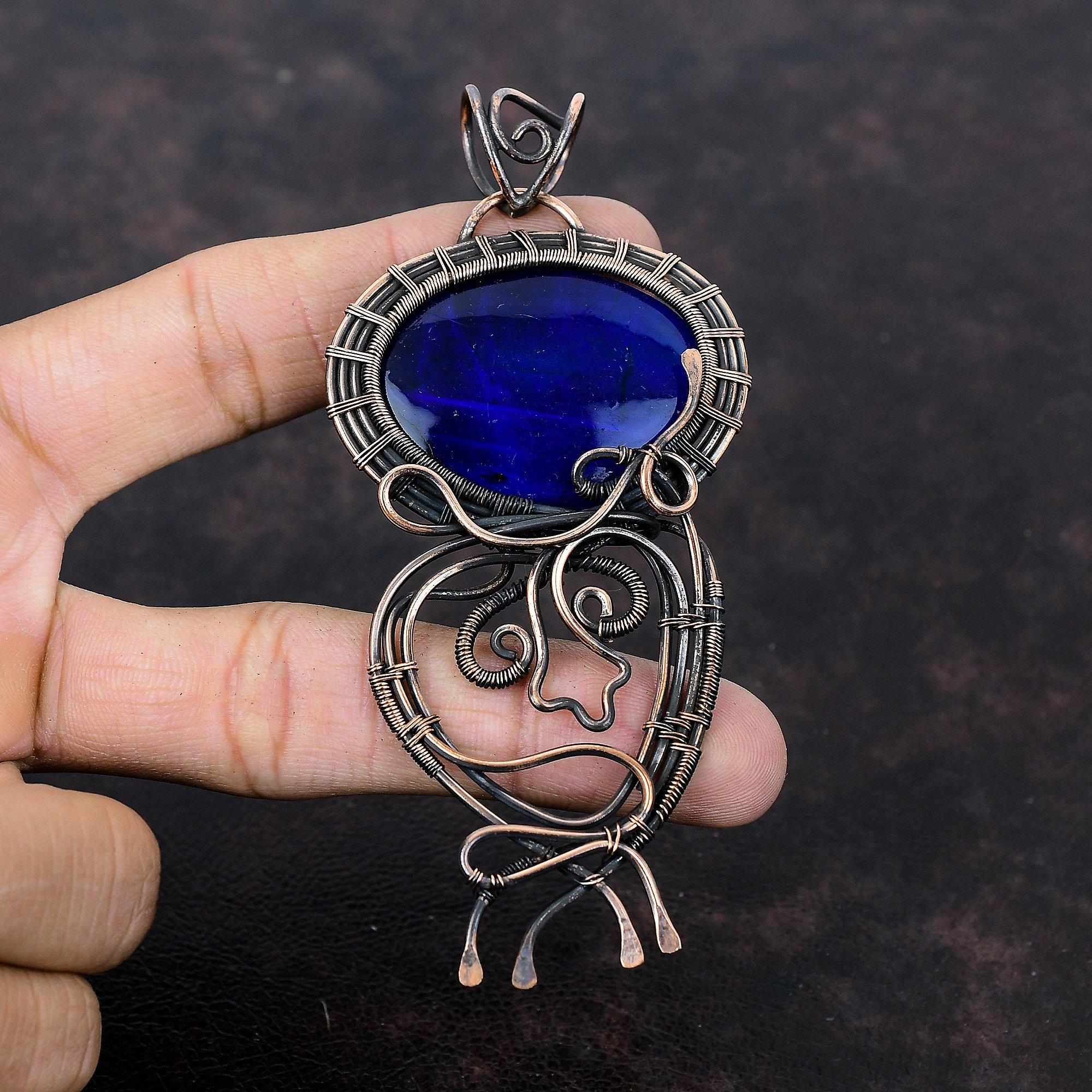 Подвеска из синего огненного лабрадорита, подвеска из медной проволоки, ювелирное изделие ручной работы, подвеска из настоящего драгоценного камня, дизайнерское ювелирное изделие из меди, подарок на годовщину