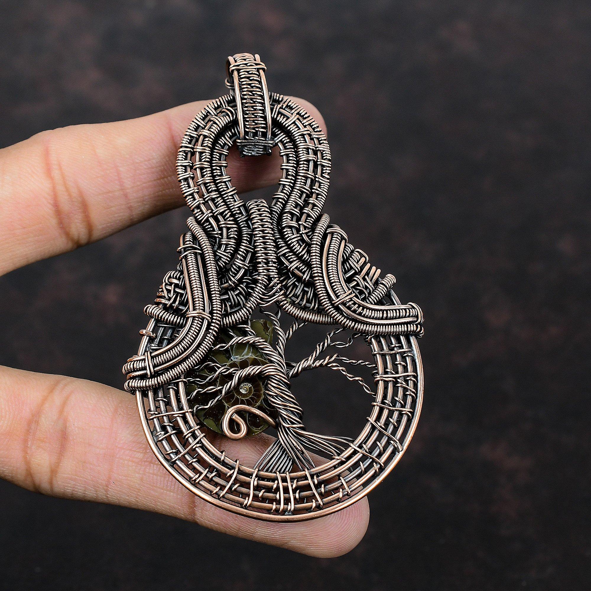Tree Of Life Ammonite Fossil Pendant Copper Wire Wrapped Jewelry Handmade Pendant Gemstone Pendant Copper Wire Wrap Pendant Gift For Women