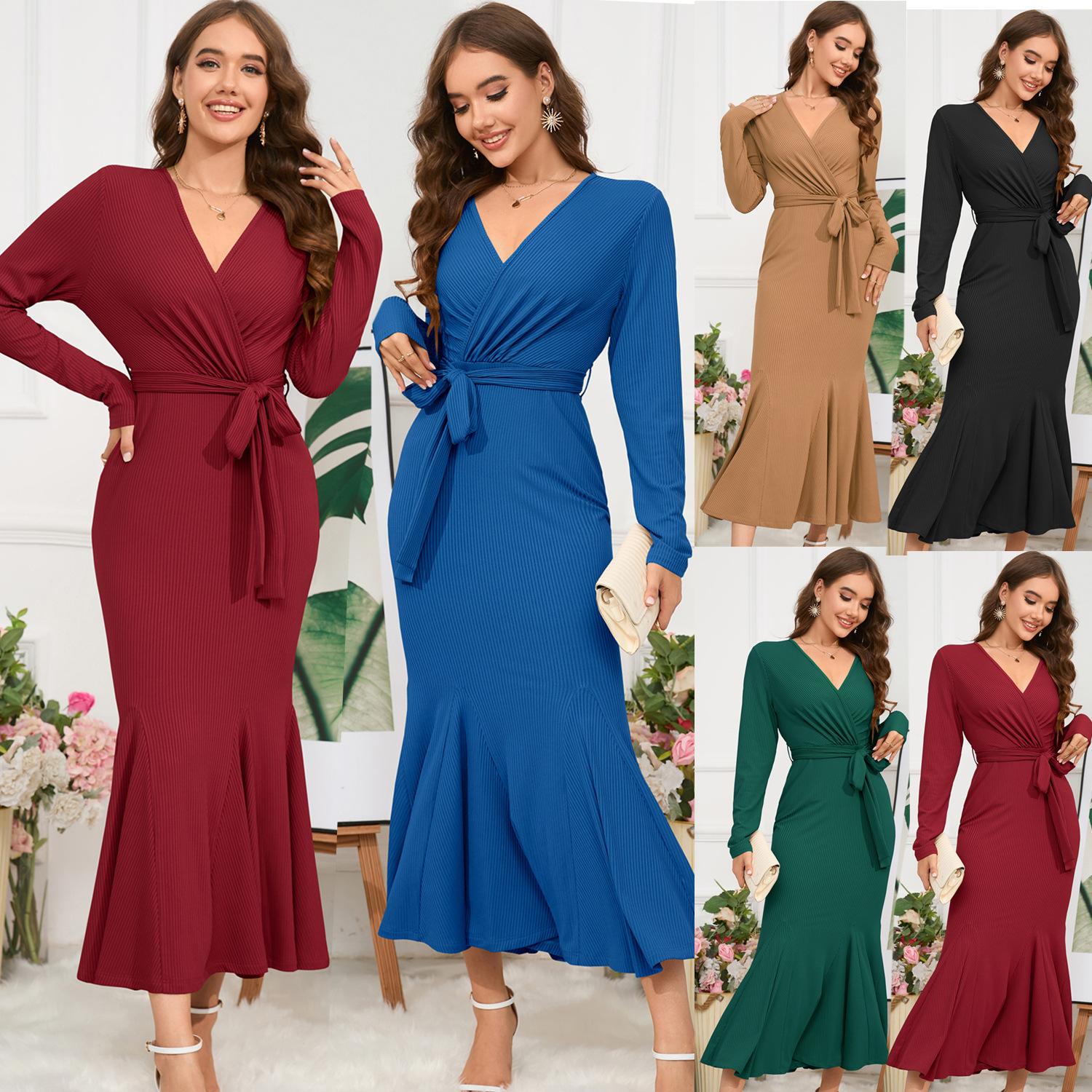 Women's Spring and Autumn V-neck Long-sleeved Slim Temperament Fishtail Dress Knitted Long Dress