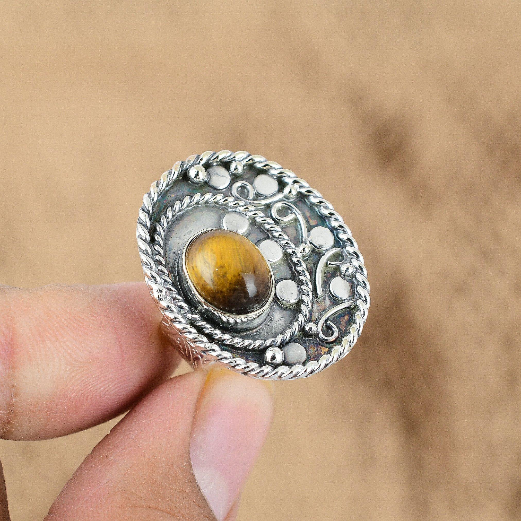 Anniversary Gift For Her Natural Tiger'S Eye Promise Adjustable Ring 925 Silver