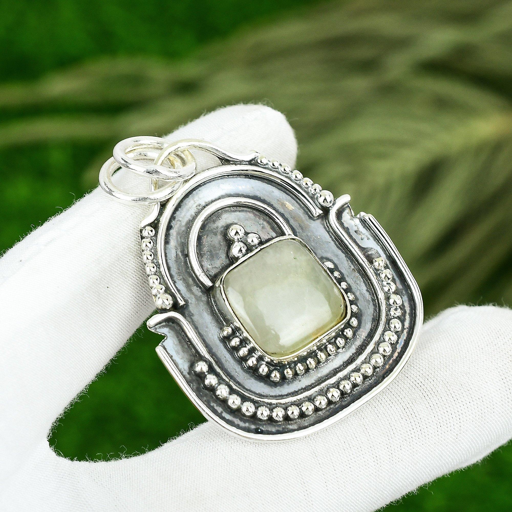 Natural Prehnite Gemstone Pendant Handmade 925 Sterling Silver Indian Jewelry