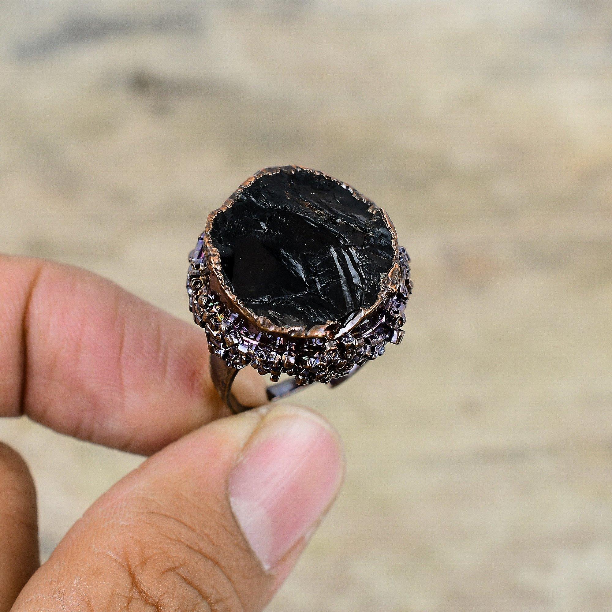Грубое кольцо с черным турмалином, гальваническое медное регулируемое кольцо, грубые ювелирные изделия из драгоценных камней, стильное кольцо ручной работы, гальваническое ювелирное изделие для подарка