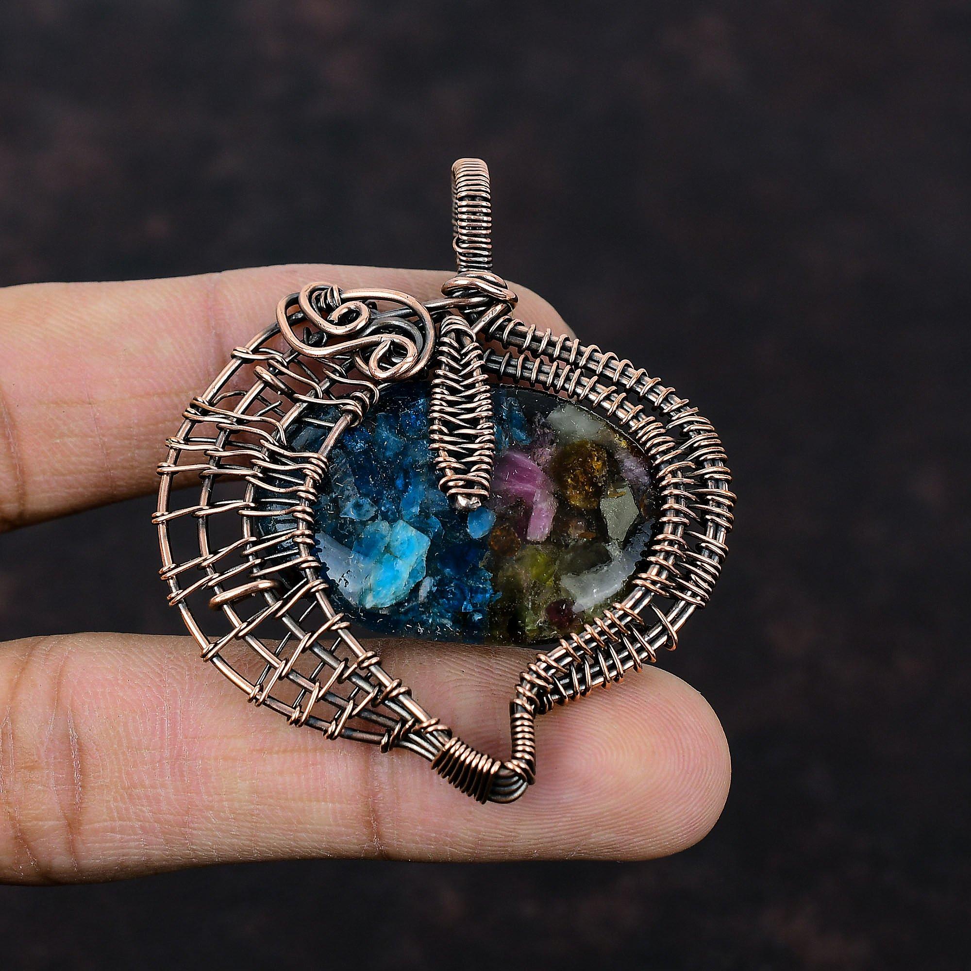 Подвеска с арбузным турмалином, подвеска из медной проволоки, изящная подвеска, ювелирное изделие из медной проволоки, подвеска ручной работы, драгоценный камень, ювелирное изделие для подарка