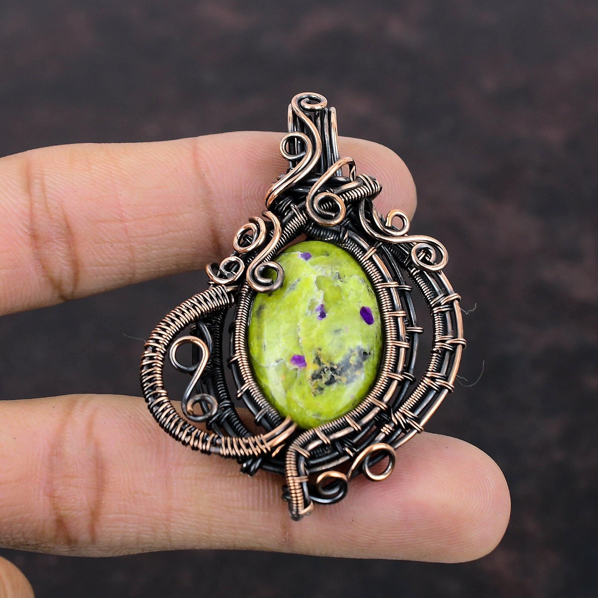 Кулон из стихтита, кулон в обертке из медной проволоки, кулон из натурального драгоценного камня, ювелирные изделия из медной проволоки, кулон ручной работы, подарок для нее, ювелирные изделия из стихтита