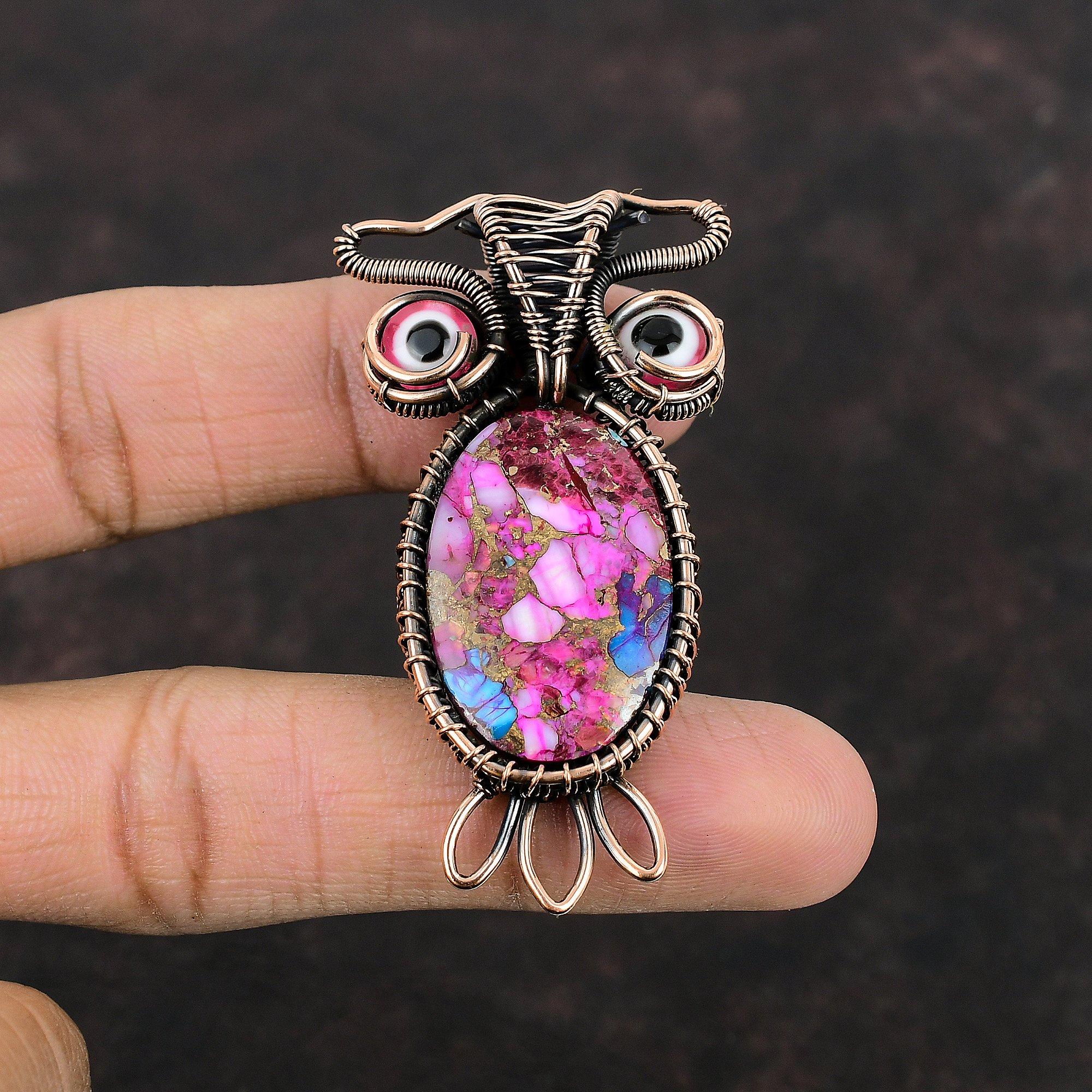 Kingman Розовый Георгин Бирюзовый Подвеска Медная Проволока Обернутая Подвеска Драгоценный Камень Подвеска Сова Медные Ювелирные Изделия Ручной Работы Розовый Цвет Подвеска Сглаза