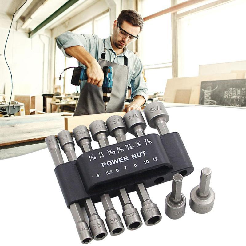 9/14pcs Power Nuts Driver Drill Bit Tools Set SAE and Metric Socket Wrench Screw 3/16~7/16,5~12mm Driver Hex Keys Wrench Set