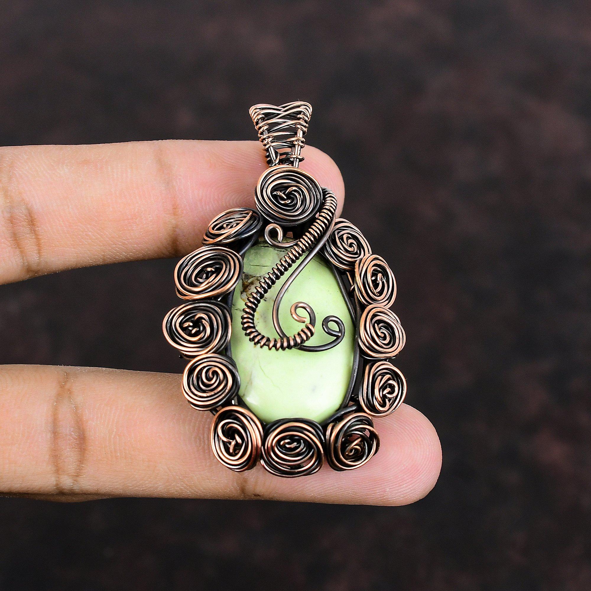 Подвеска из лимонного хризопраза, оригинальный драгоценный камень, подвеска из медной проволоки, подвеска ручной работы, подвеска из медной проволоки, подарок для женщин