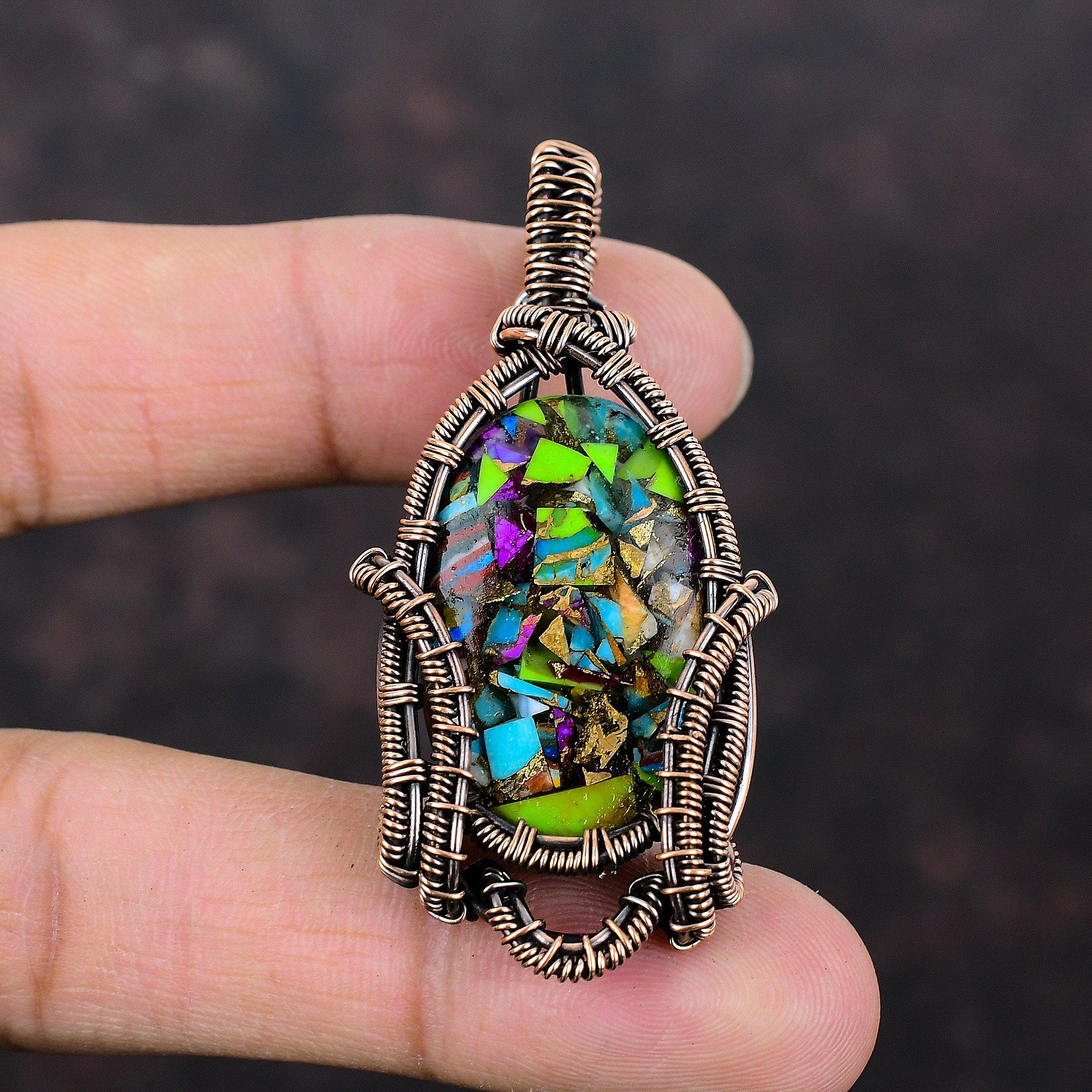 Fiesta Kingman Turquoise Pendant Copper Wire Wrapped Gemstone Pendant Multi Copper Turquoise Pendant Handmade Copper Jewelry Gift For Mother