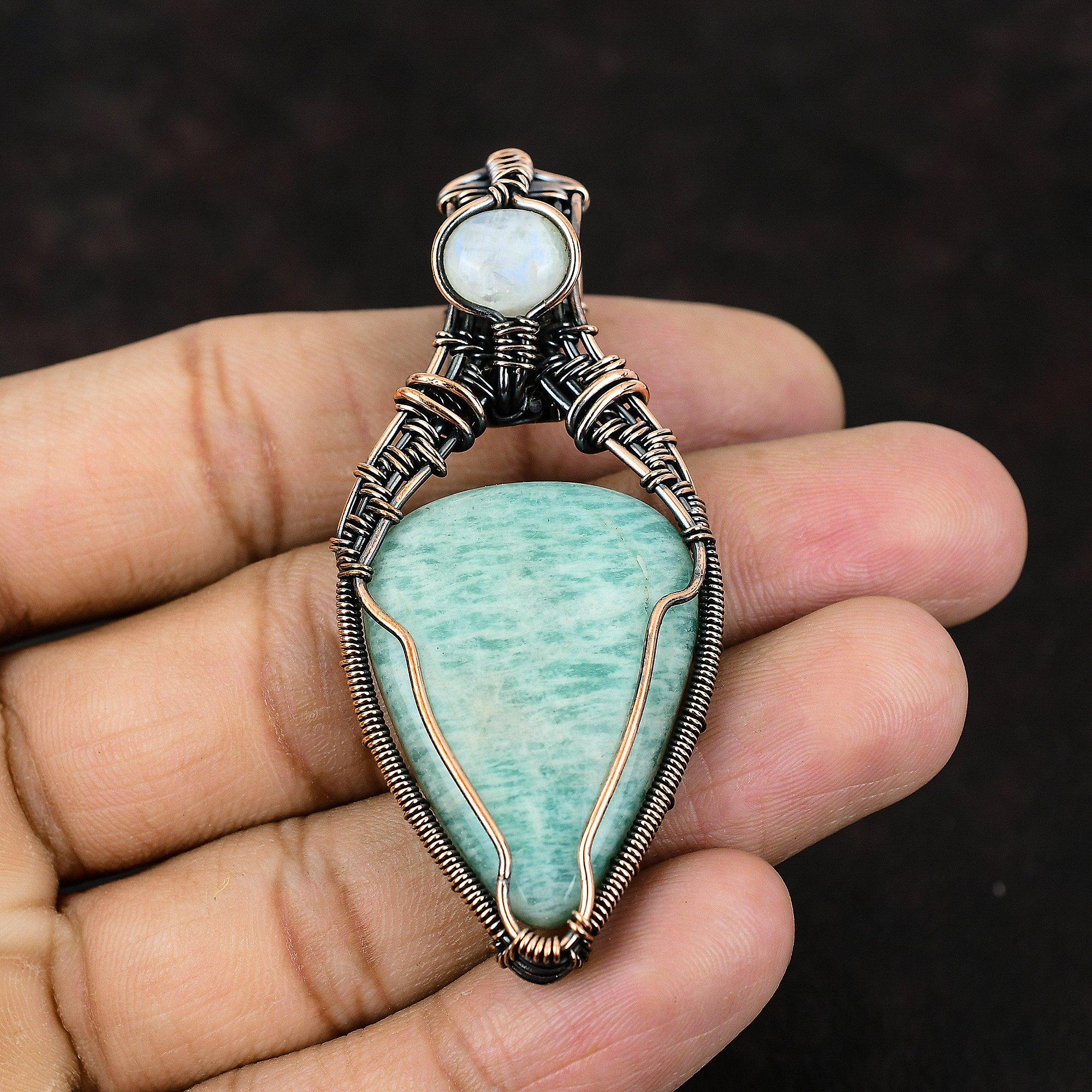 Amazonite Gemstone Copper Wire Wrapped Pendant Rainbow Moonstone Jewelry Unique Copper Design Jewelry Handmade Designer Pendant Gift For Her