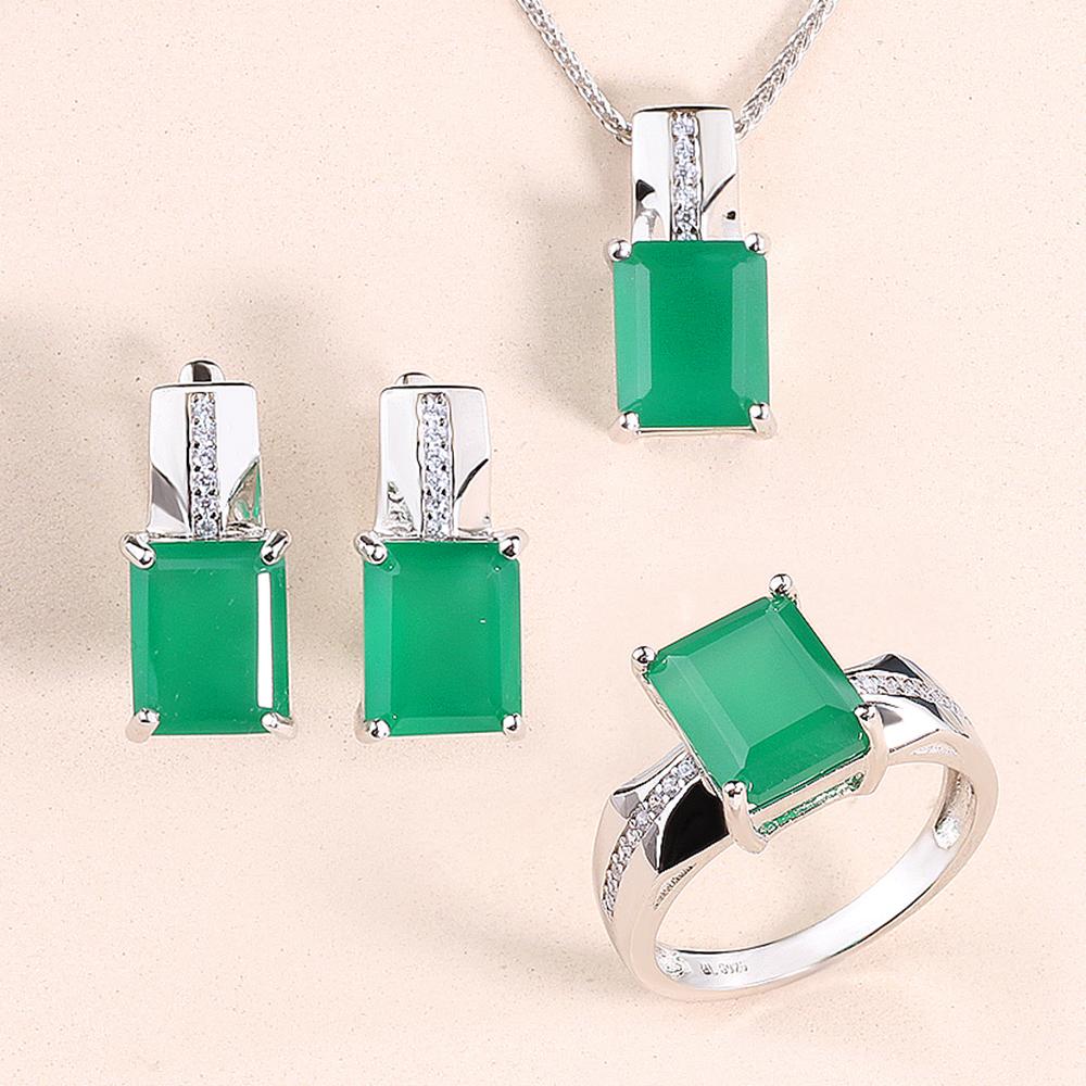 Зеленый агат, натуральный драгоценный камень, кольцо, серьги, ожерелье, комплект ювелирных изделий, стерлинговое серебро 925 пробы, модные ювелирные изделия, женский подарок