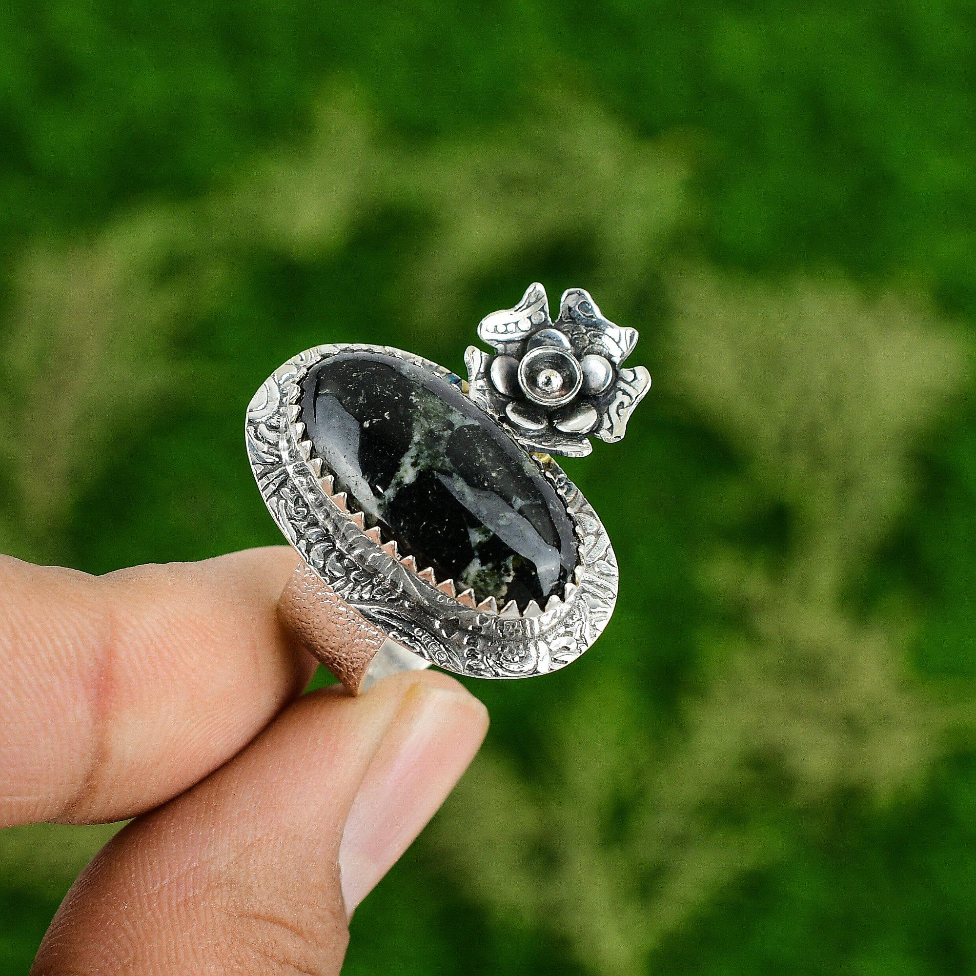 Natural Star Galaxy Jasper Gemstone Stackable Flower Ring Size 7 925 Silver