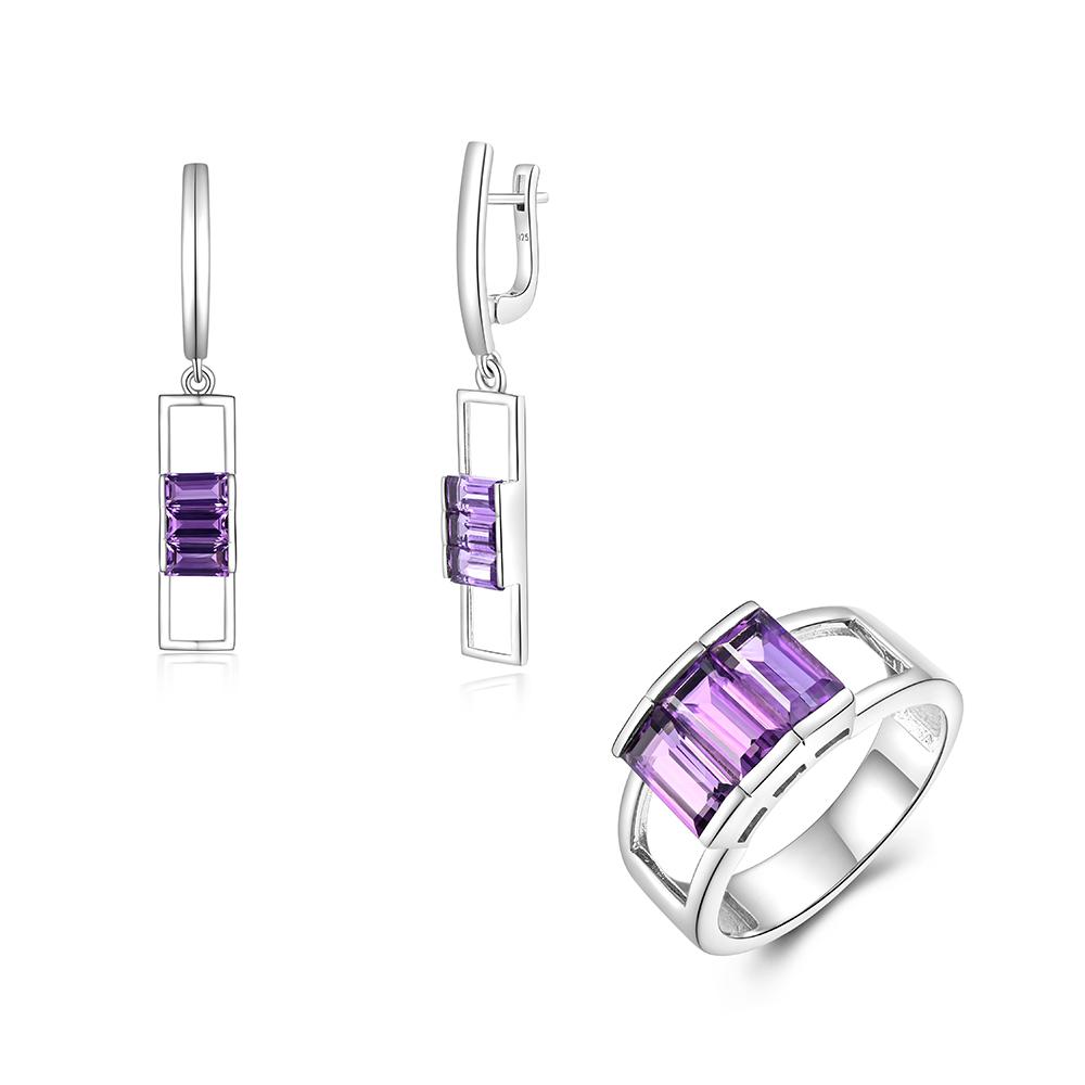 Легкий роскошный серебряный комплект колец и сережек для женщин, натуральный аметист, февральский камень, камень для рождения, готические ювелирные украшения, предложение на помолвку, подарок