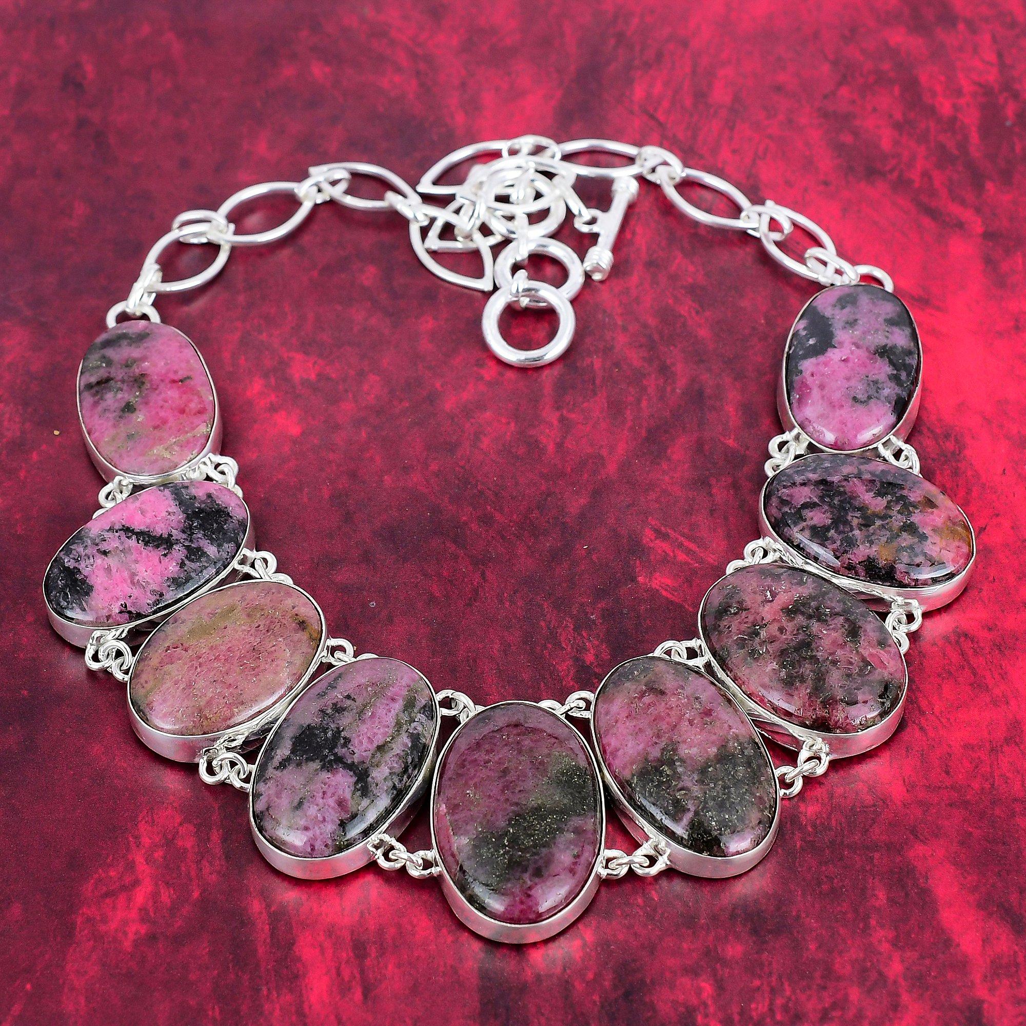 Ожерелье из натурального родонита, ожерелье из чистого серебра 925 пробы ручной работы из настоящего драгоценного камня, подарок жене, антикварные ювелирные изделия