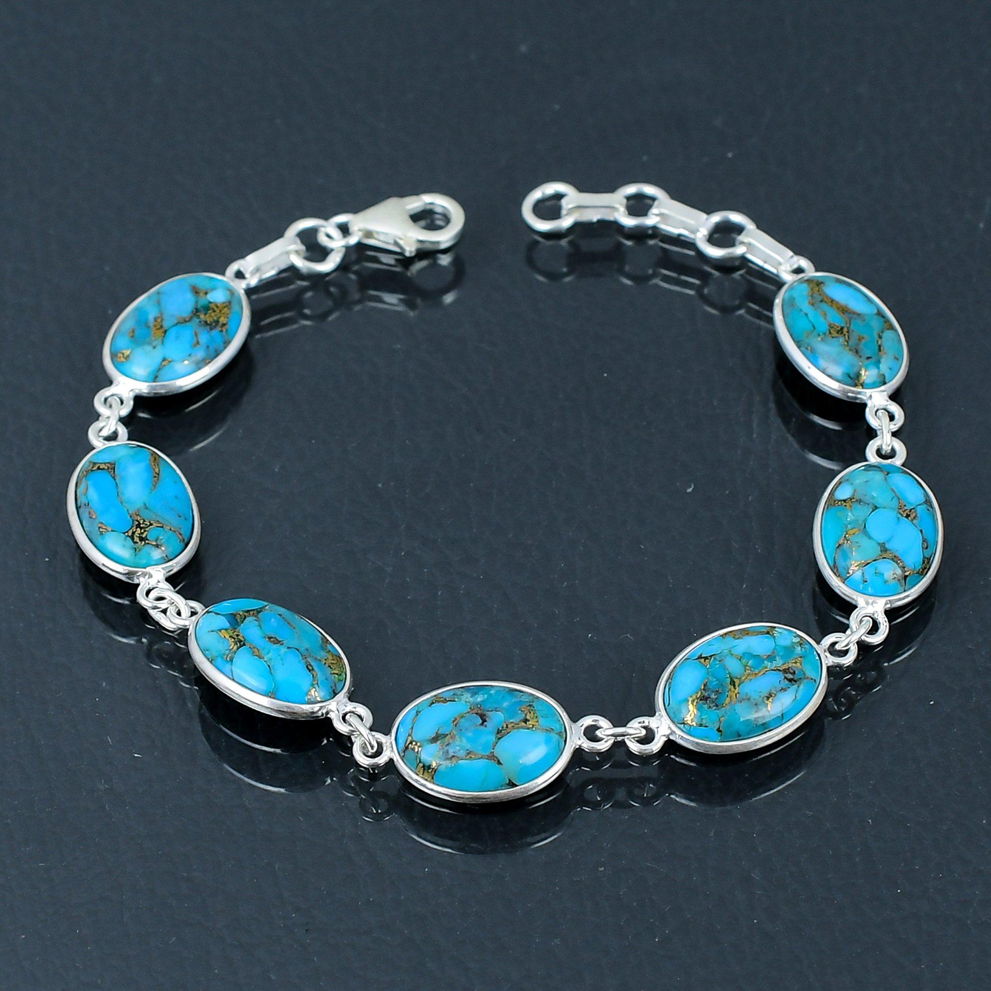 Браслет из натурального медного камня с бирюзой, серебро 925 пробы, браслет со звеньями от 7 до 8 дюймов, браслет ручной работы, ювелирный подарок на День святого Валентина