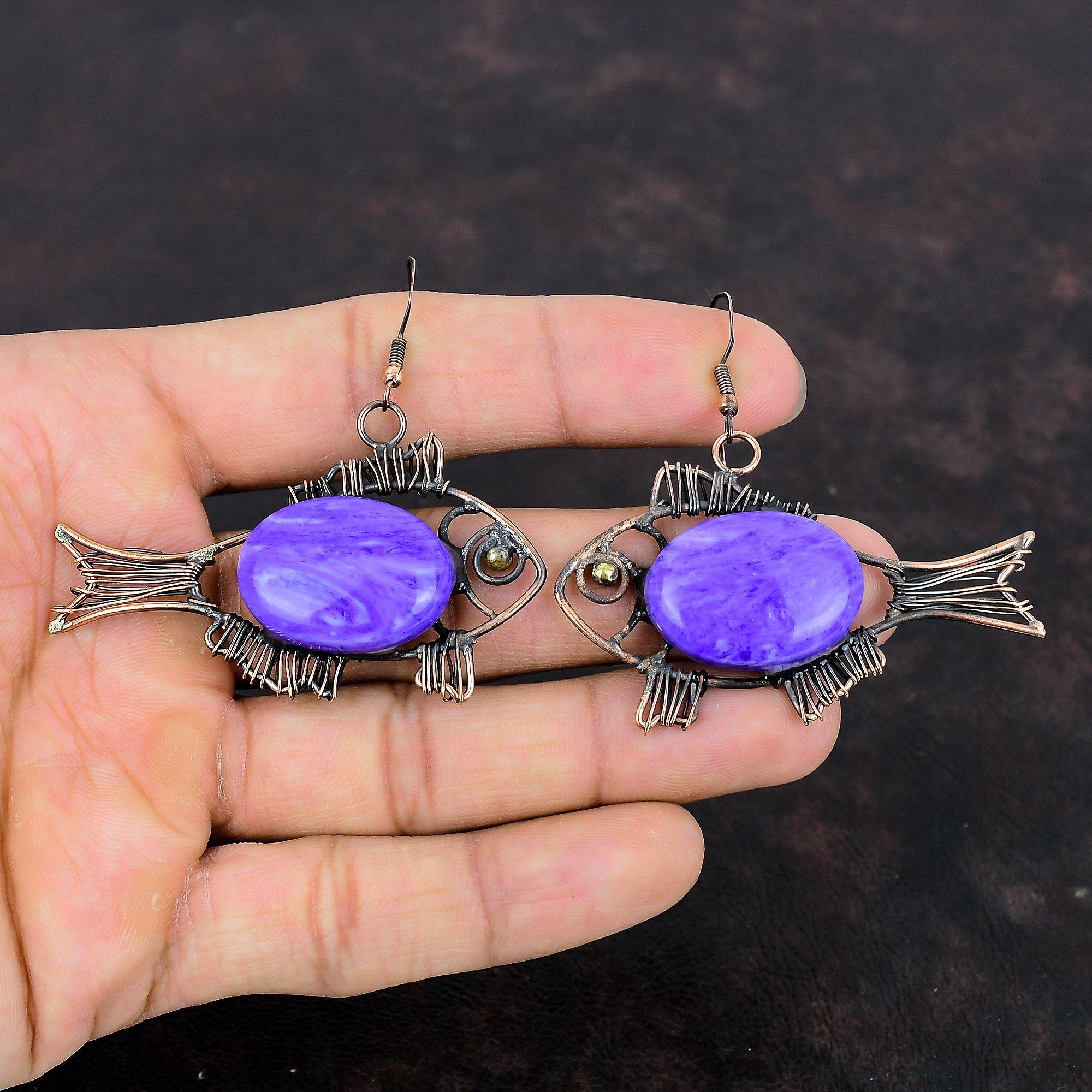 Серьги из чароита, медная проволочная обертка, драгоценные камни, медные украшения, серьги-рыбы ручной работы, висячие серьги, проволочная обертка, ювелирные изделия, подарок на годовщину