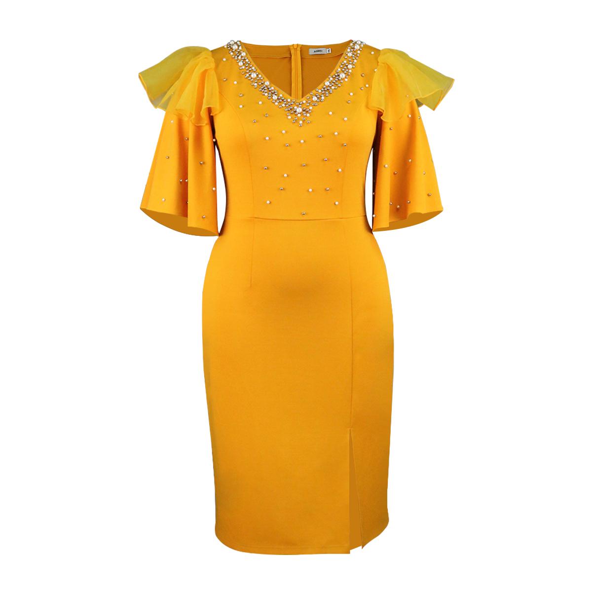 AOMEI Sheath Dresses for Women Yellow V Neck Beading Flare Sleeve High Waist Split Knee Length Evening Party Cocktail Plus Size Gowns Dress