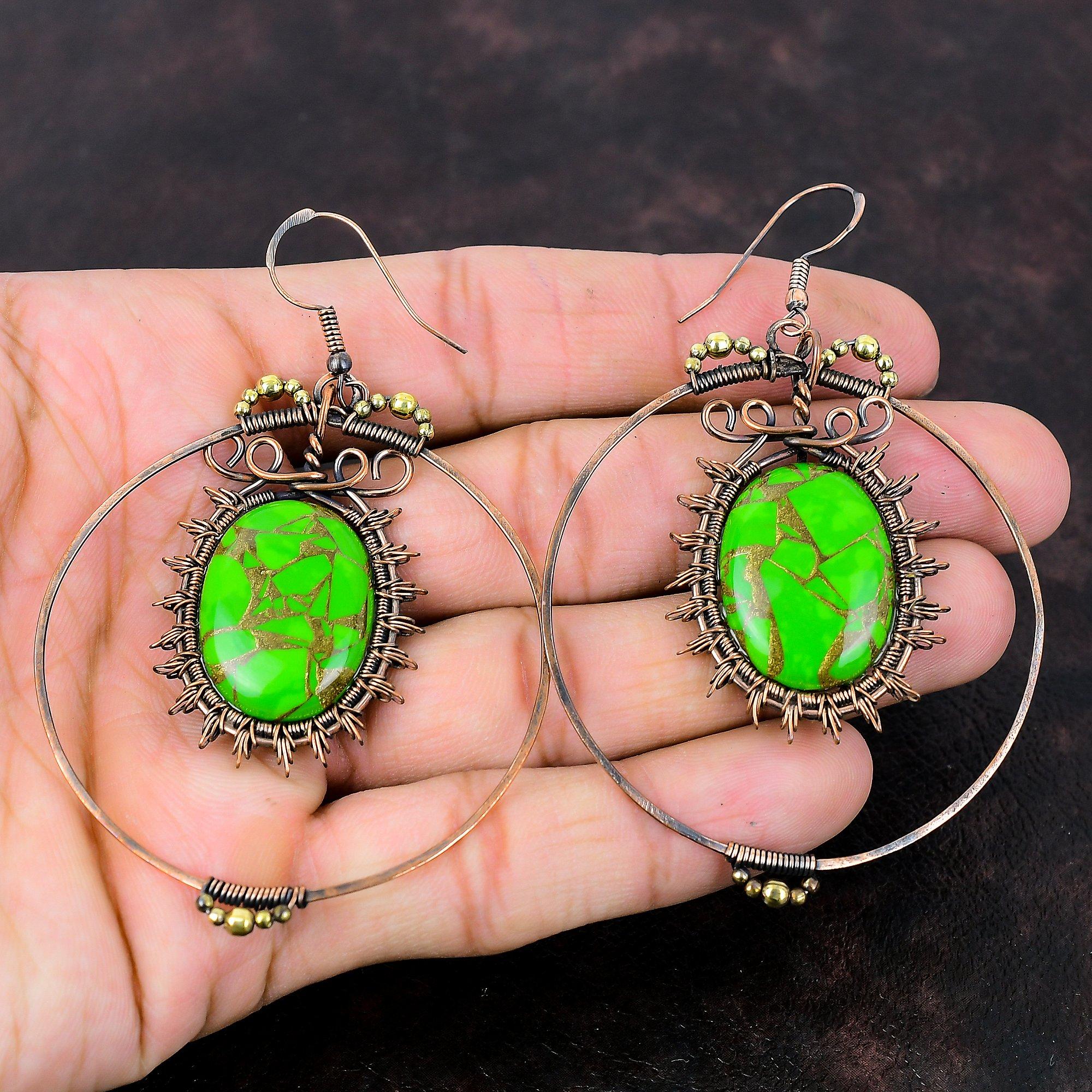 Медные зеленые бирюзовые серьги Медная проволока, обернутая ювелирными изделиями, драгоценный камень, серьги ручной работы, ювелирные изделия с камнем, подарок на годовщину, серьги из медной проволоки