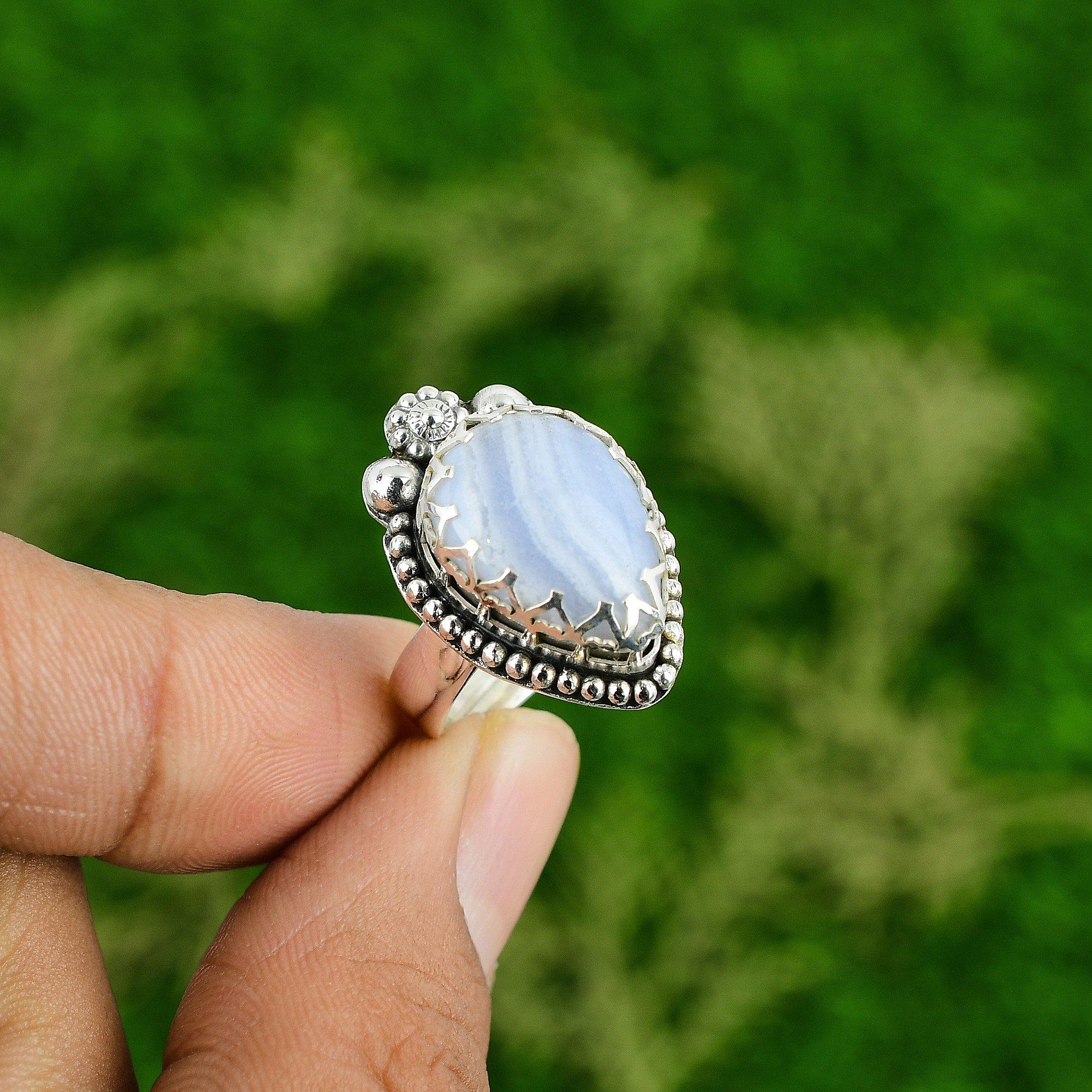 Natural Blue Lace Agate 925 Sterling Silver Daughter New Promise Engagement Ring