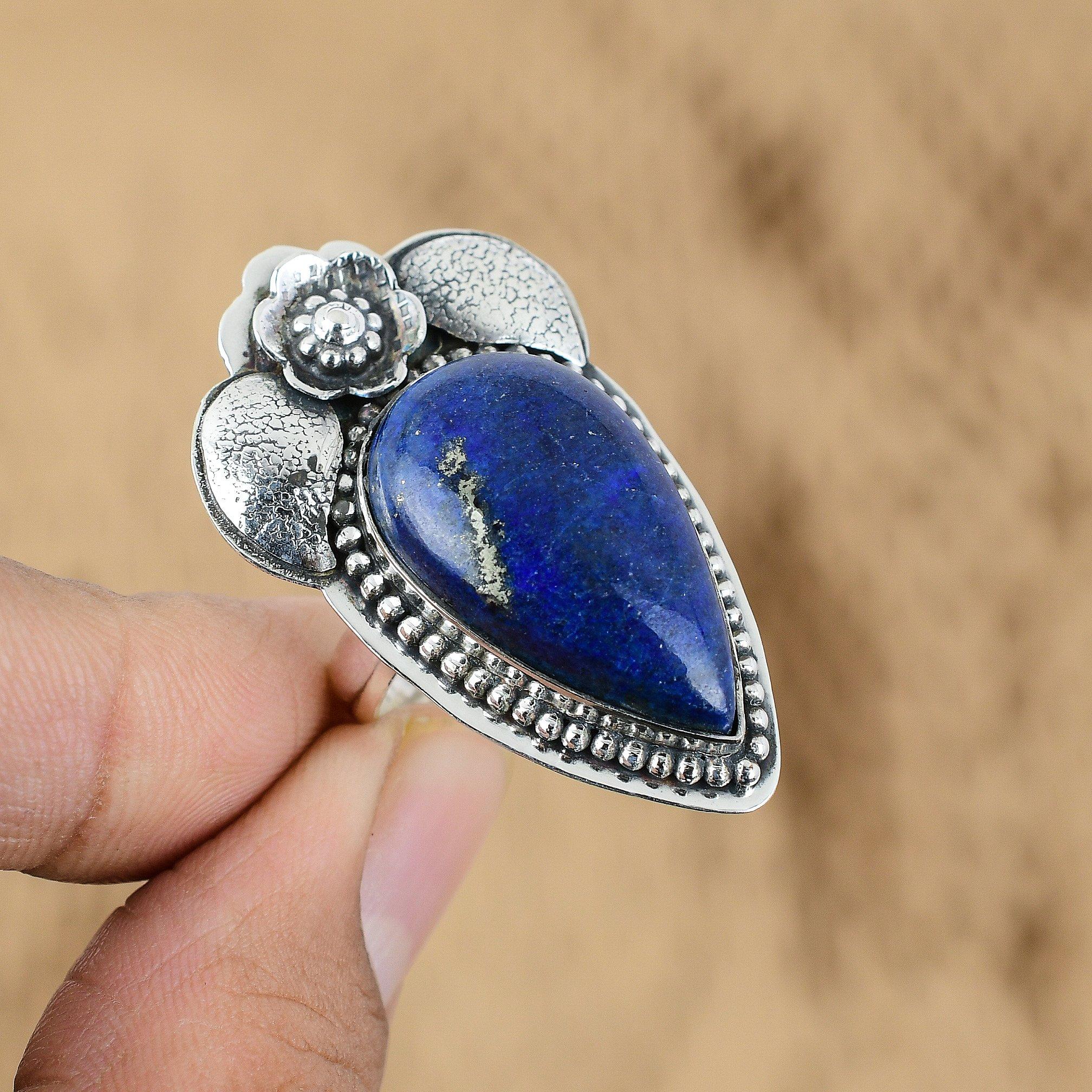 925 Sterling Silver Natural Lapis Lazuli Art Deco Promise Flower Ring Jewelry