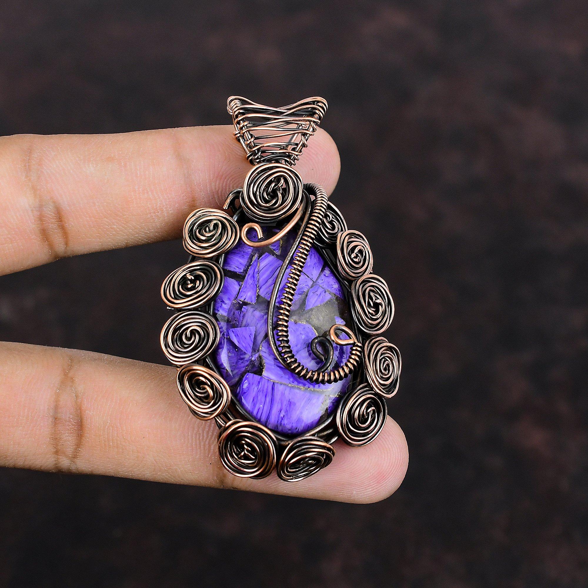 Медный кулон с чароитом, кулон из драгоценного камня, обернутый медной проволокой, медные украшения ручной работы, кулон уникального дизайна, украшения, обернутые проволокой, свадебный подарок