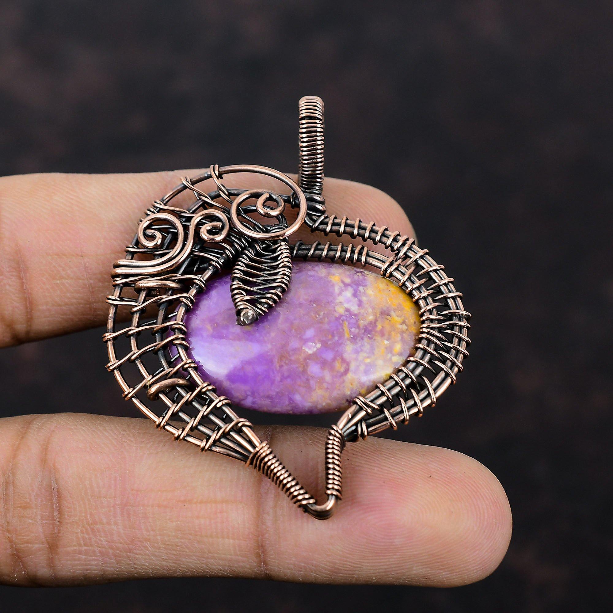 Подвеска из фосфосидерита, обмотанная медной проволокой, оригинальная подвеска из драгоценного камня, украшение, обмотанное проволокой, подвеска для подарка, медные украшения ручной работы