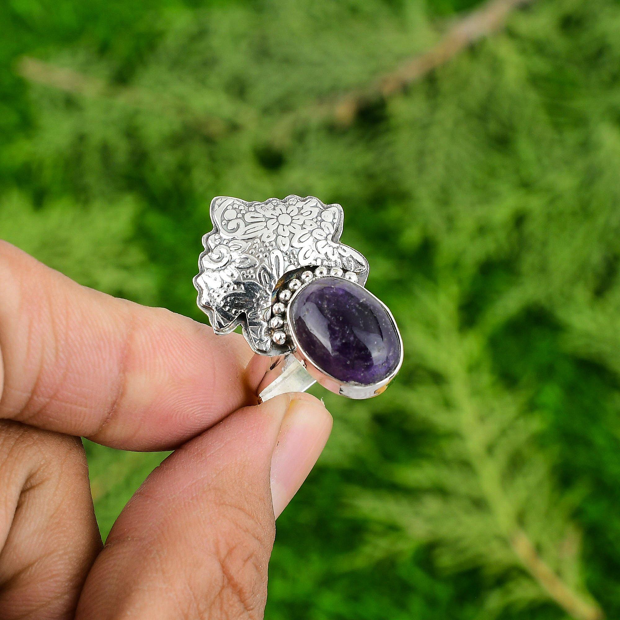 Oval African Amethyst Gemstone Sterling Silver Bezel Statement Wife Ring Jewelry