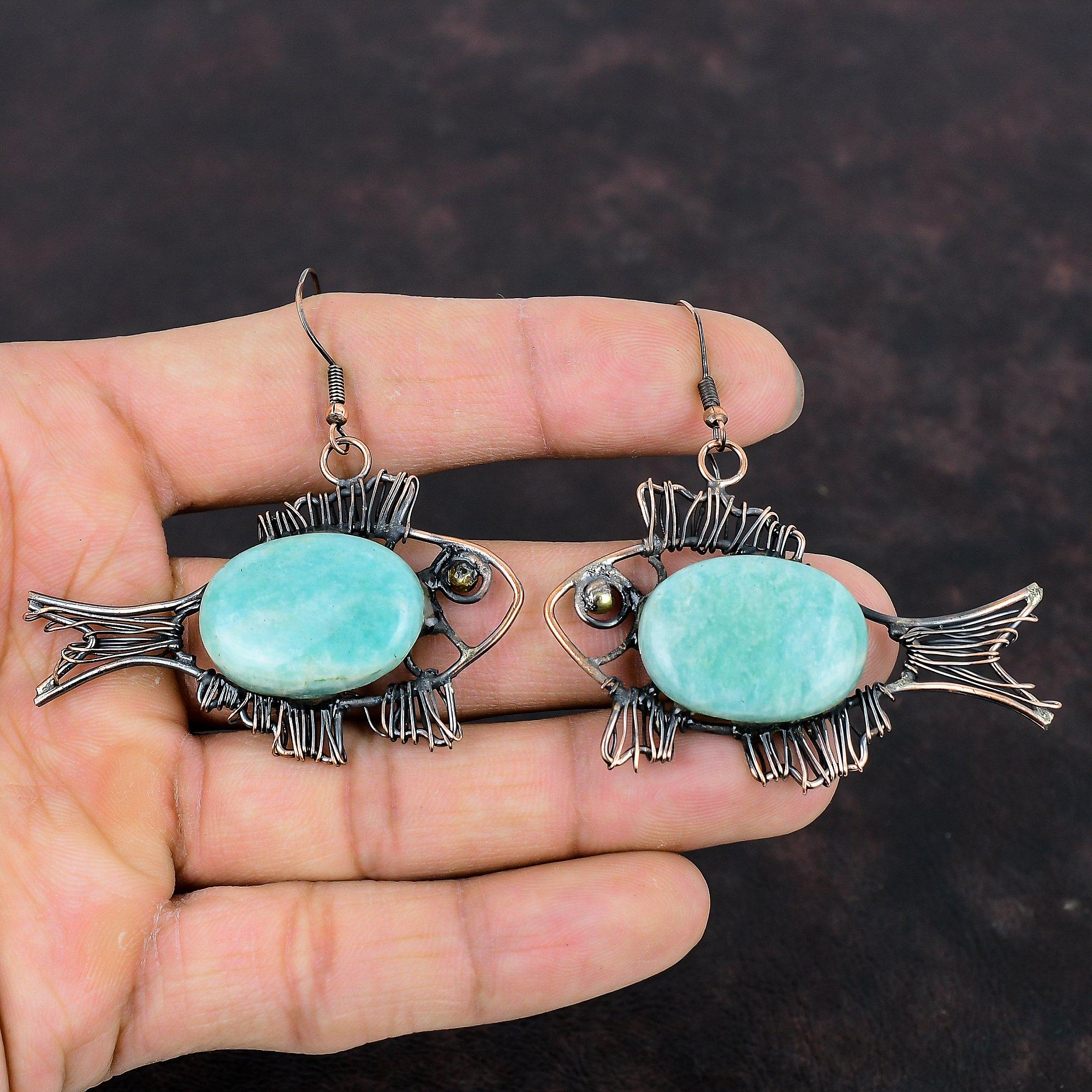 Серьги из амазонита, обернутые медной проволокой, серьги с драгоценными камнями, серьги-рыбки, медные украшения, подарки для матери, серьги ручной работы, украшения новейшего дизайна