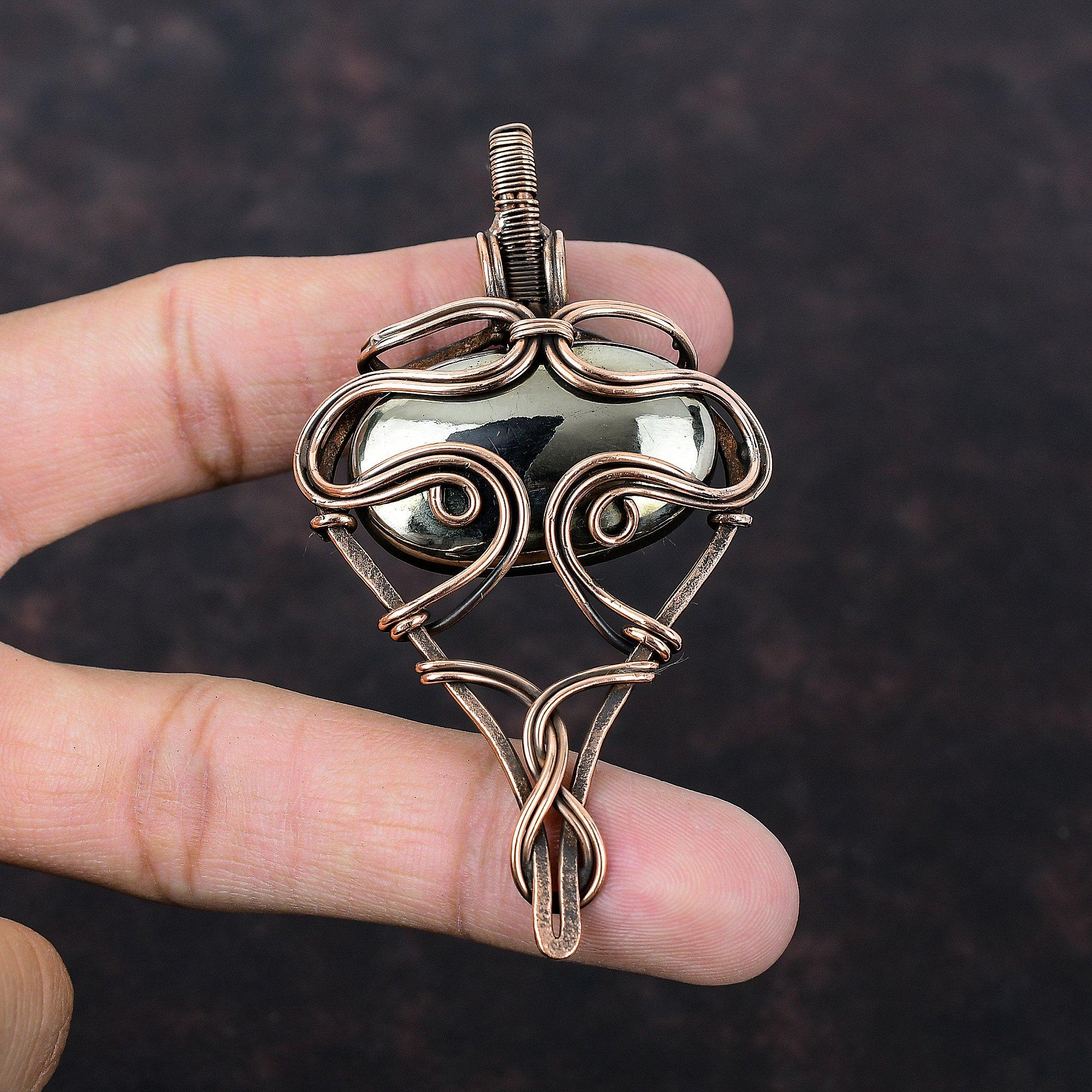 Пиритовый кулон, обернутый медной проволокой, драгоценный камень, потрясающий кулон, медный пирит, ювелирные изделия ручной работы, кулон, подарок для нее, обернутые проволокой ювелирные изделия