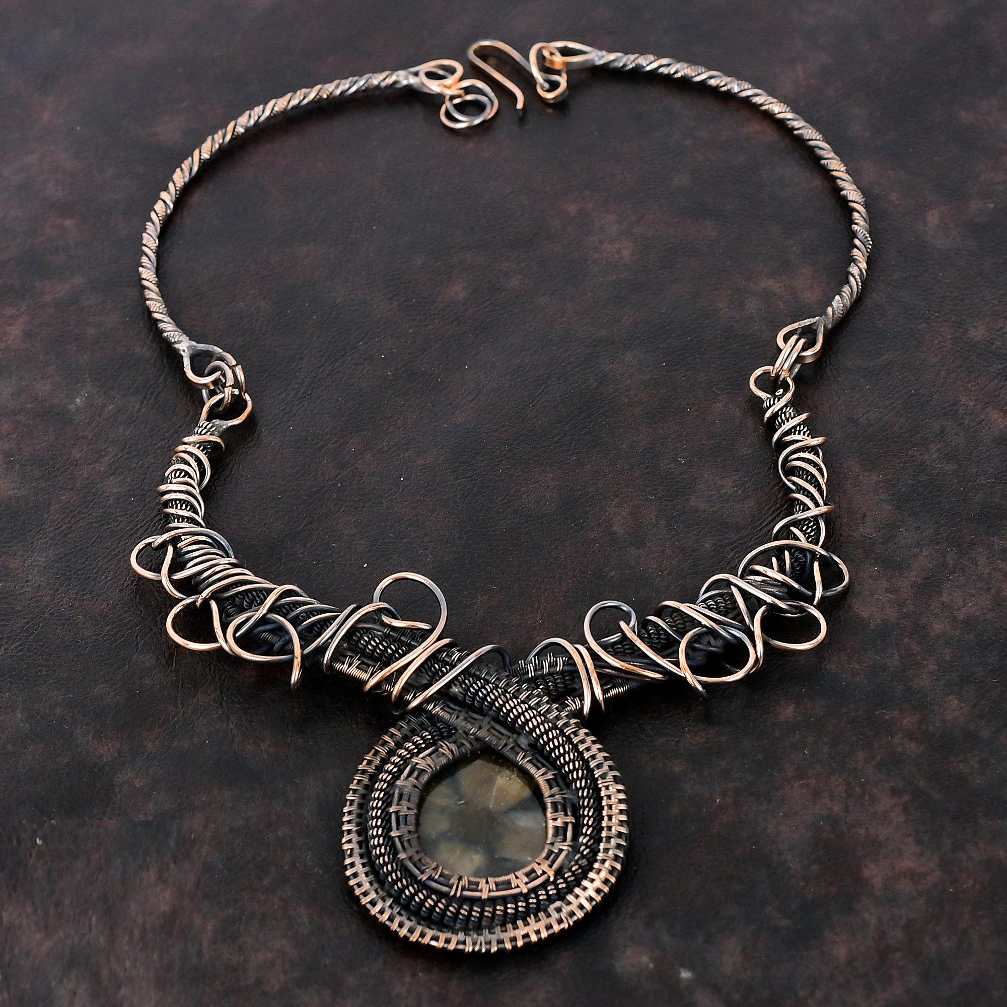 Ожерелье из хиастолита, обернутое медной проволокой, ювелирные изделия из драгоценных камней, регулируемое ожерелье, ручная работа, медные украшения, подарок для женщин, изящные ювелирные изделия