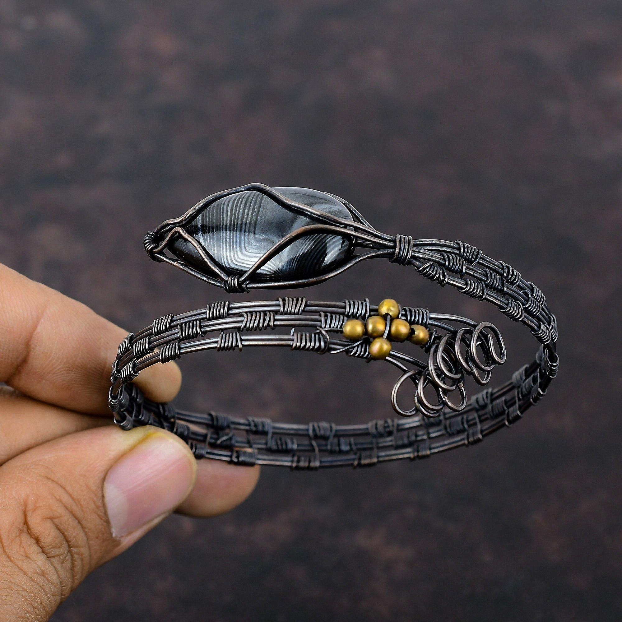 Браслет Psilomelane из натурального драгоценного камня, браслет-манжета из медной проволоки, регулируемый браслет ручной работы, ювелирные изделия из медной проволоки, подарок на годовщину