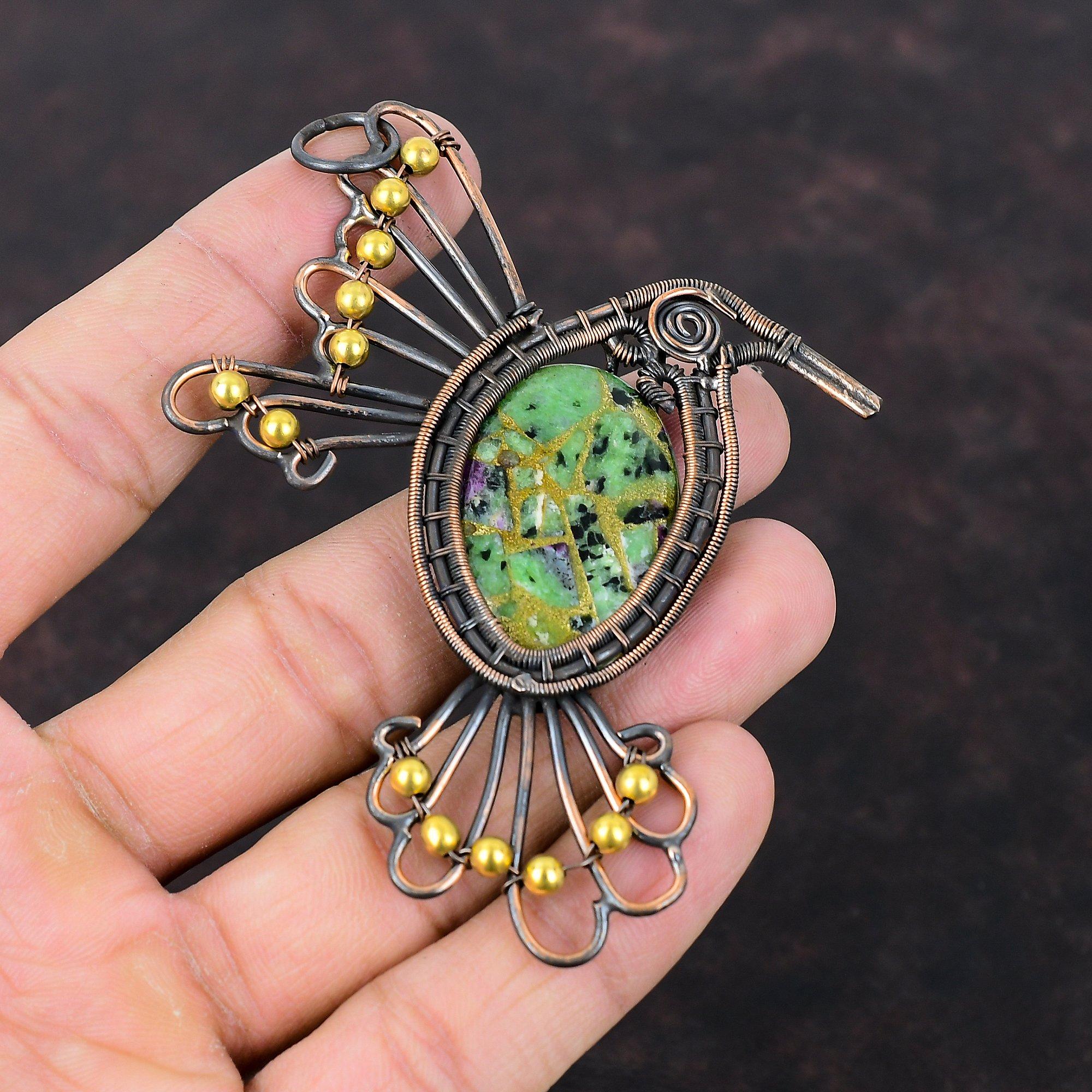 Медный рубиновый кулон с цоизитом, медная проволока, обернутая кулоном, рубиновый цоизит, ювелирное изделие, драгоценный камень, кулон с птицей ручной работы, медные украшения для подарка