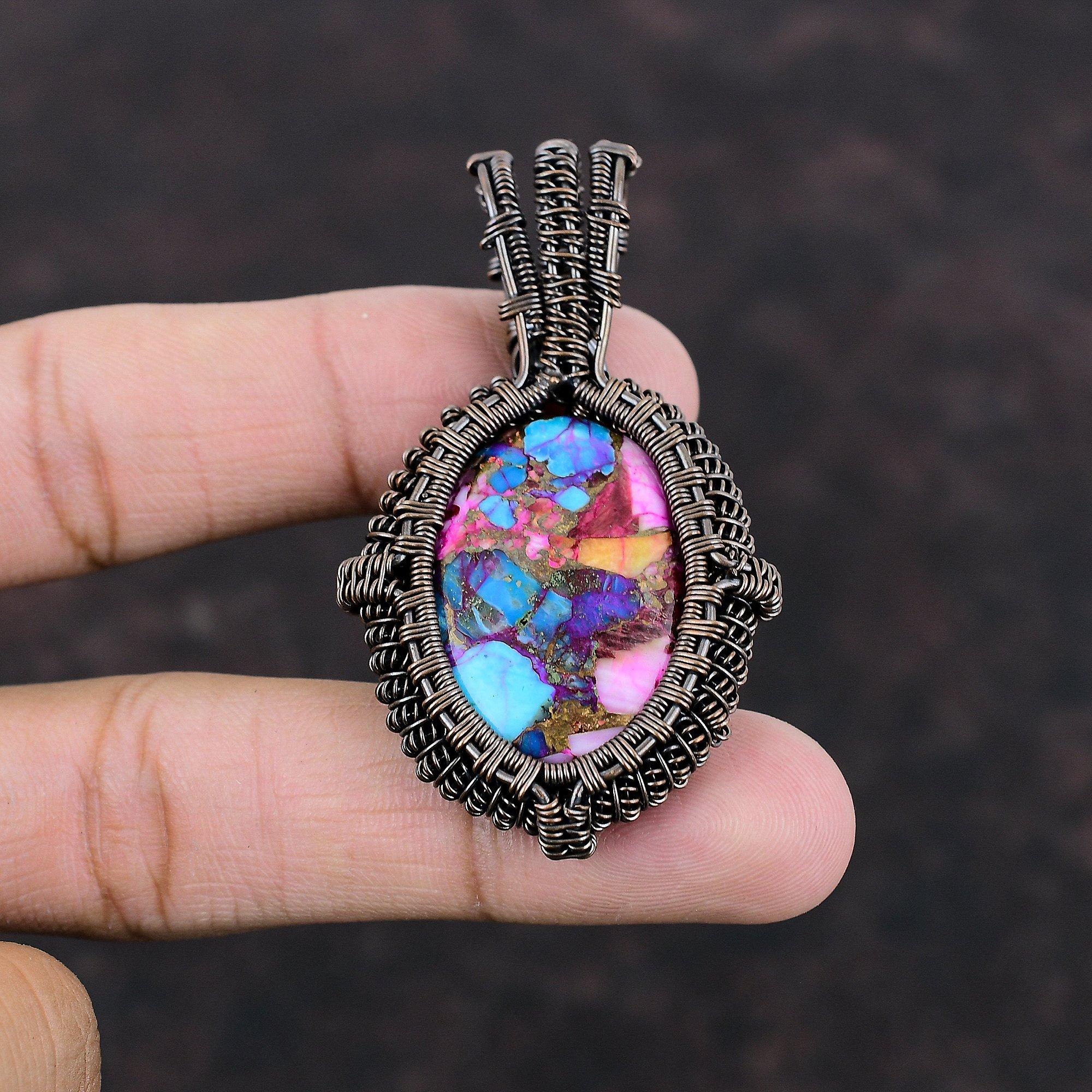 Natural Kingman Pink Dahlia Turquoise Pendant Copper Wire Wrapped Gemstone Pendant Handmade Copper Jewelry Unique Style Pendant Wedding Gift