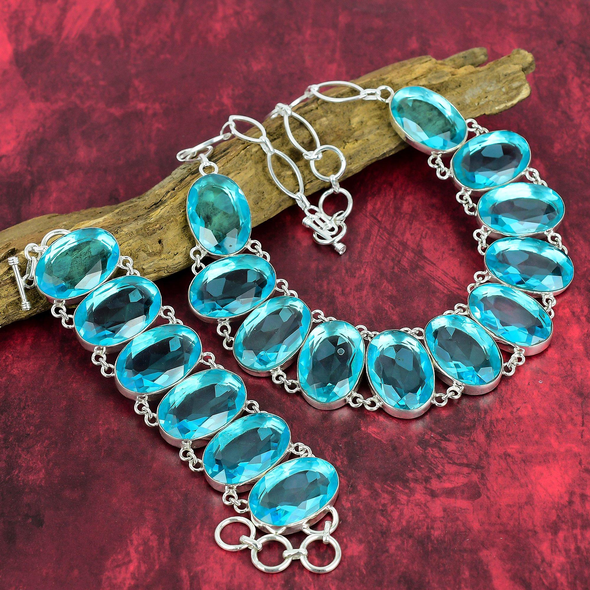 Swiss Blue Topaz 925 Solid Sterling Silver Jewelry Set, Gemstone Necklace & Bracelet Jewelry Set For Her, Anniversary Gift Handmade Jewelry Set