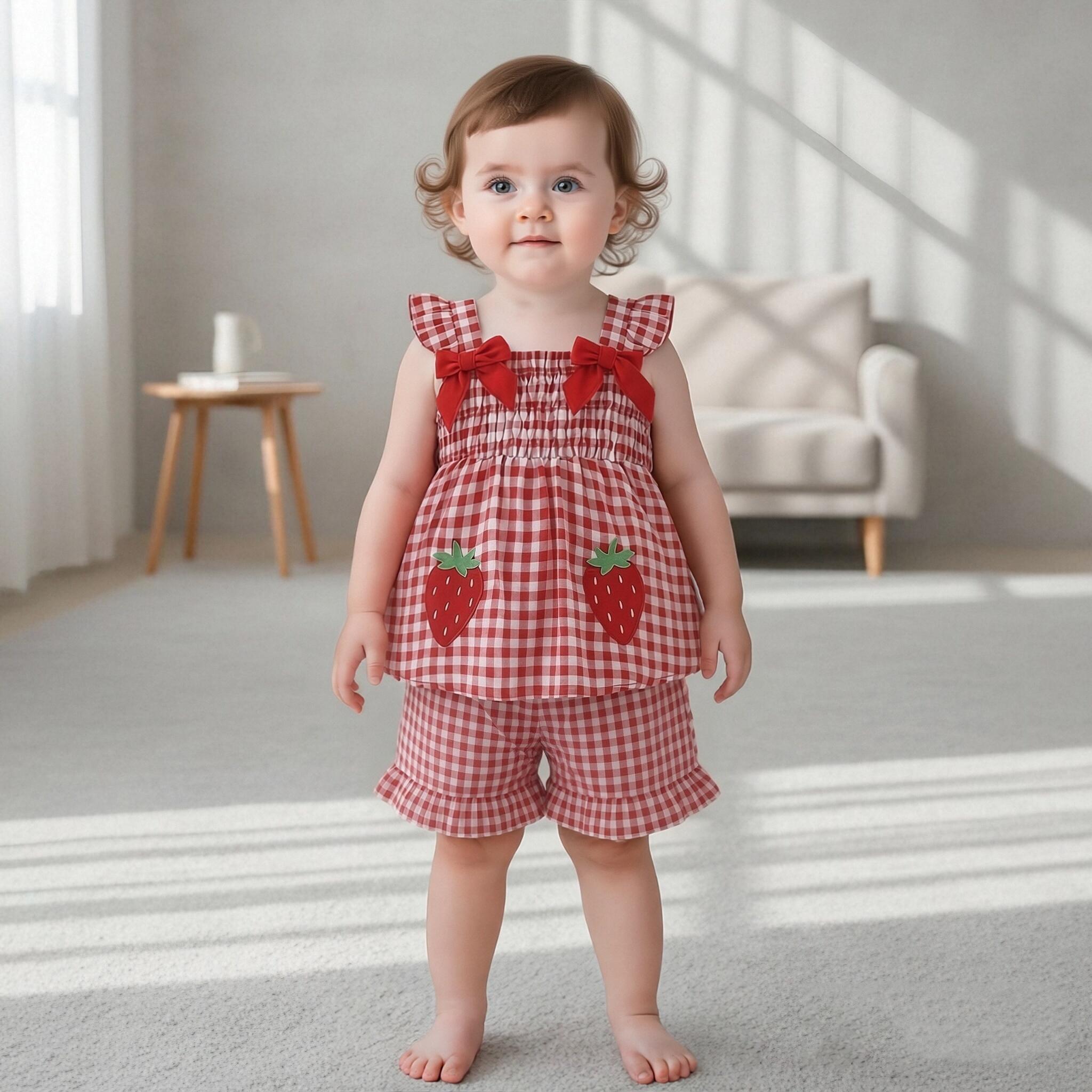 Hot Selling Patriotic Infant Girls Clothing Set Star Bow Fly Sleeve Top Plaid Shorts 2 Piece Outfit With Heart Embroidery For 0 3 Years Old Daily Wear