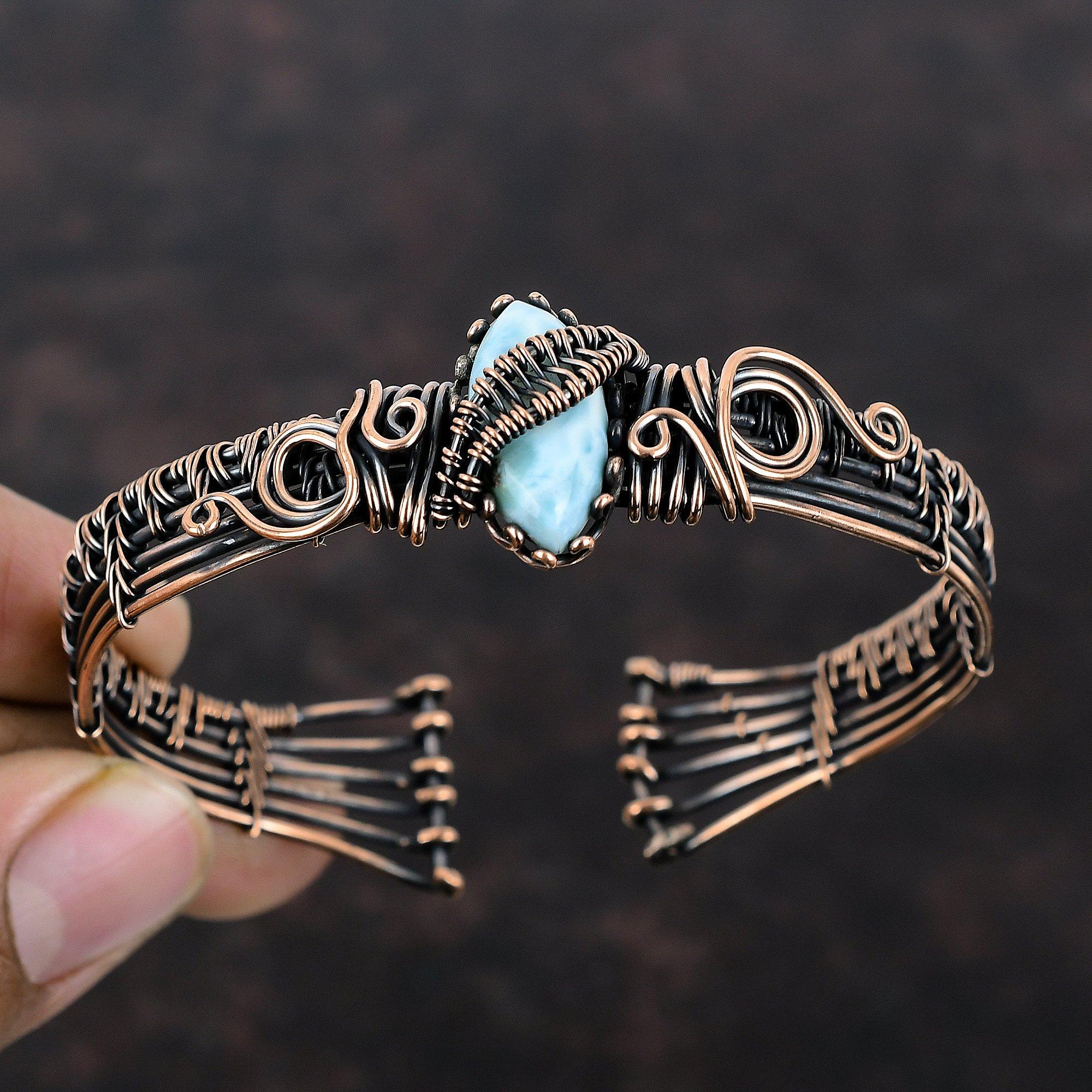 Larimar Cuff Bracelet Copper Wire Wrapped Adjustable Cuff Gemstone Bangle Copper Wire Jewelry Gift For Her Handmade Designer Cuff Bracelet