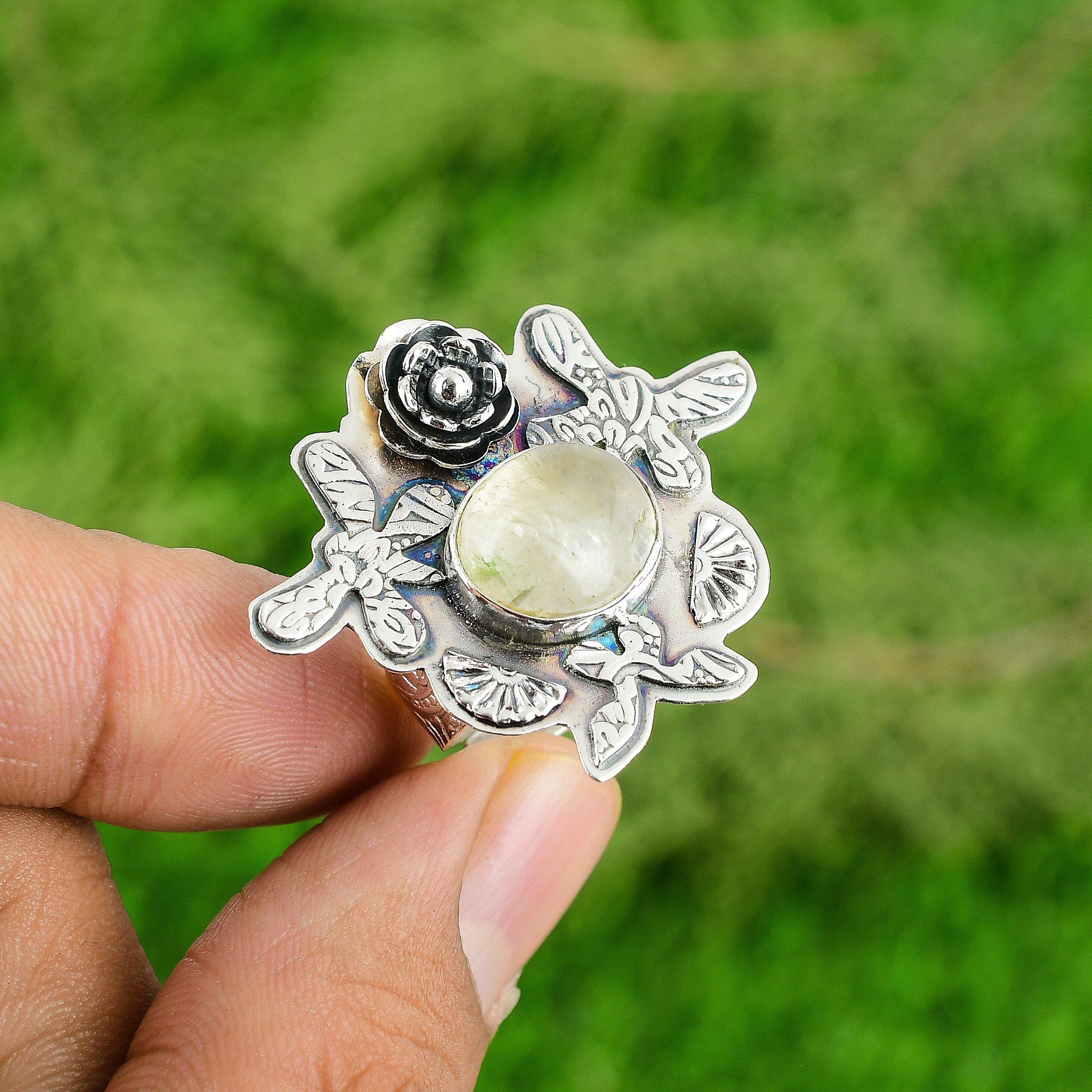 925 Sterling Silver Oval Moonstone Gemstone Stackable Flower Mother Ring Jewelry
