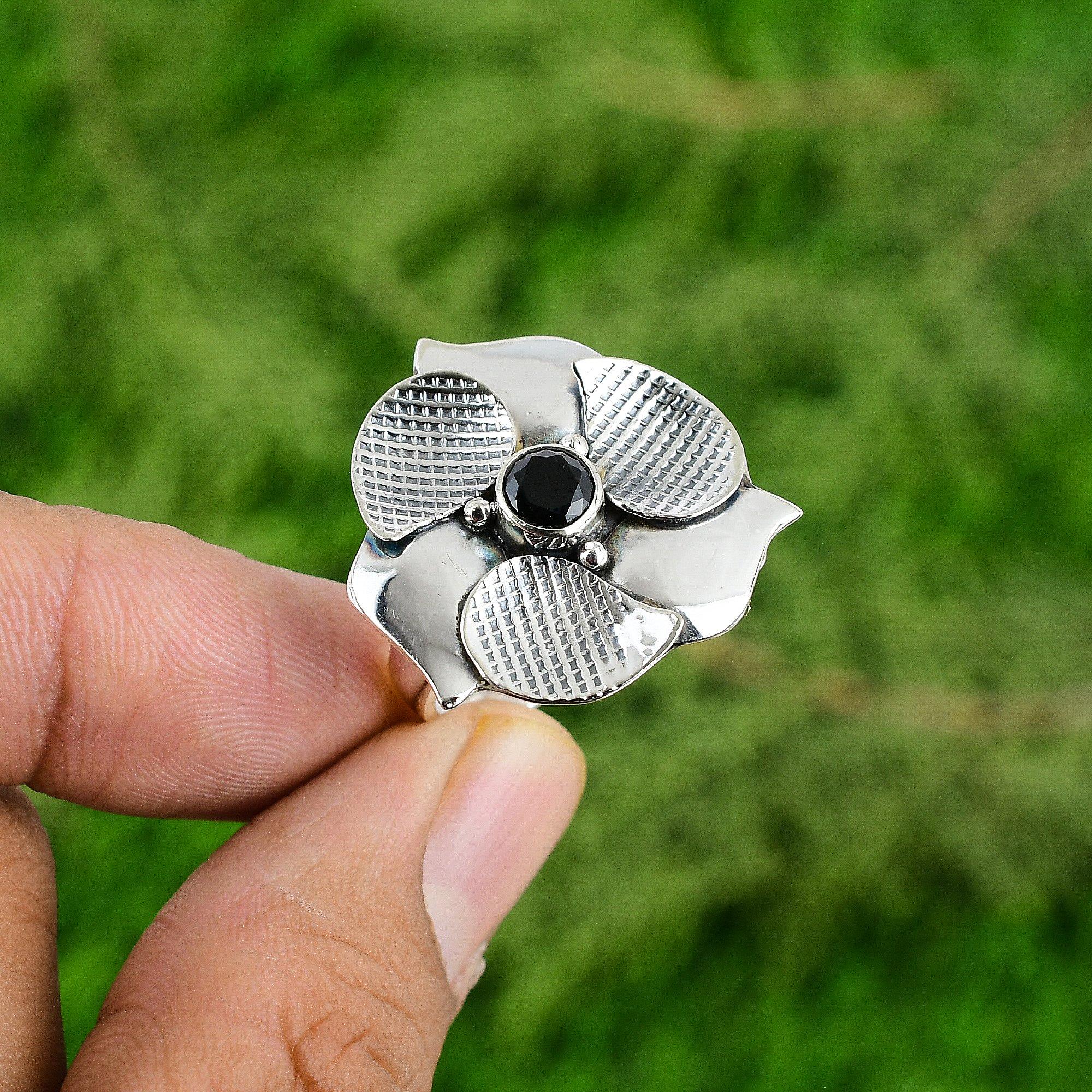 Gift For Her 925 Silver Natural Black Onyx Promise Flower Adjustable Ring