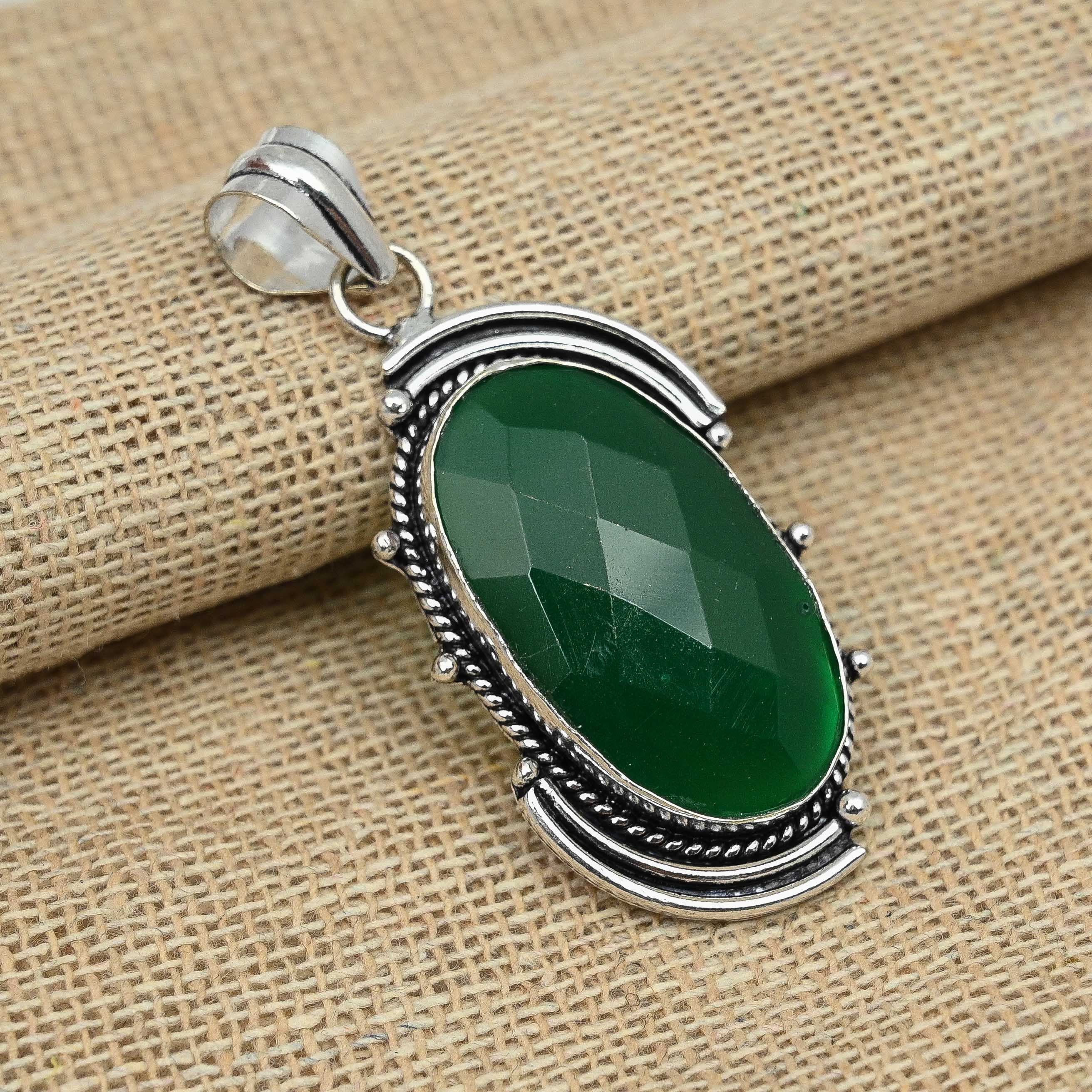 Ограненный зеленый оникс драгоценный камень стерлингового серебра 925 пробы ювелирные изделия ручной работы красивый кулон