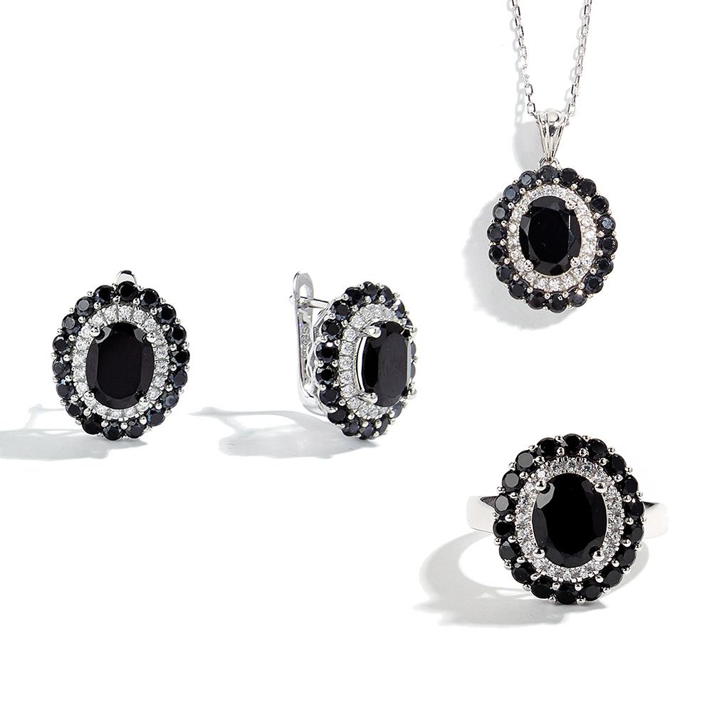 Elegantly Designed Natural Black Spinel Ring Earrings Necklace Set S925 Silver Luxury Women Anniversary & Birthday Gift