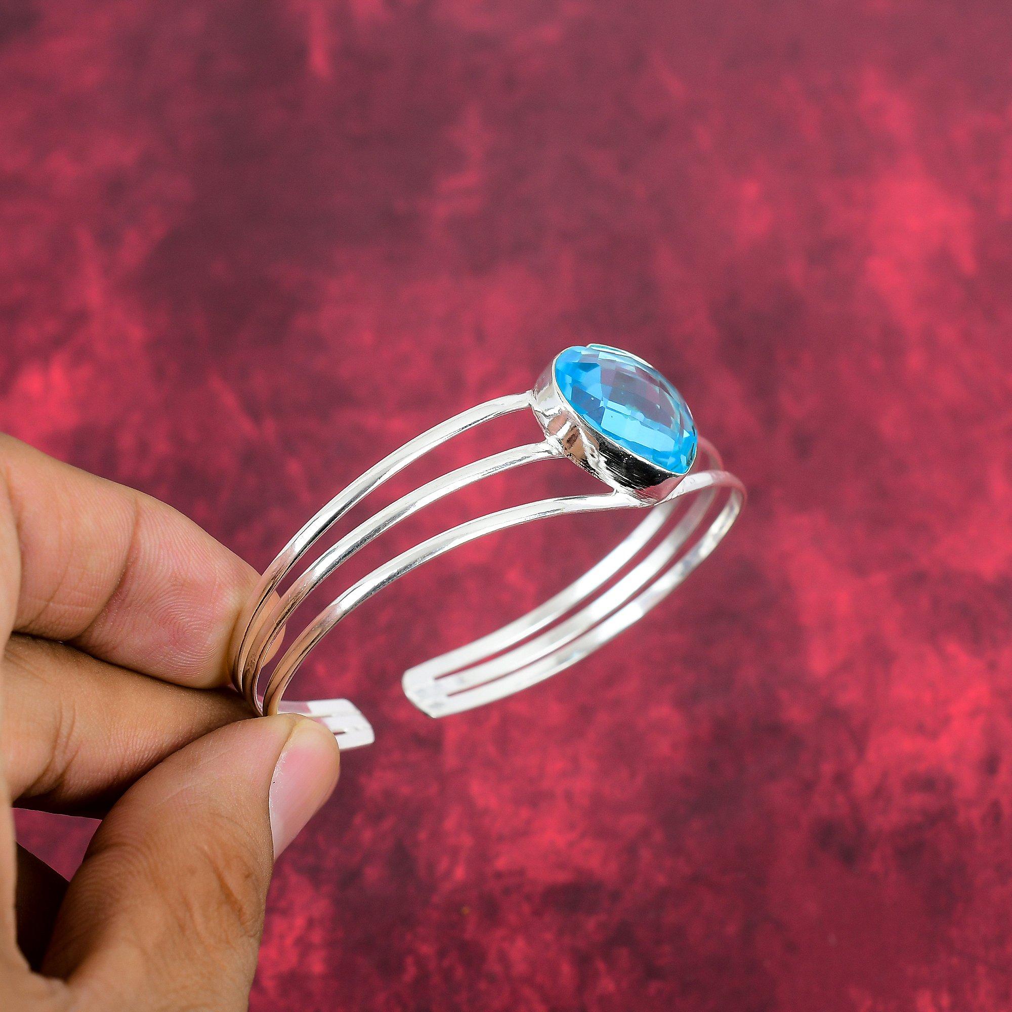 Blue Topaz Bangle, 925 Solid Sterling Silver Gemstone Bangle, Handmade Bangle, For Thanksgiving