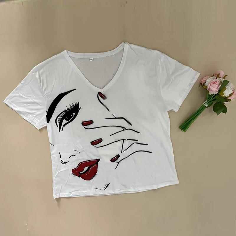 Women's V-Neck Short Sleeve Line Beauty Printed Tops Loose T-Shirt Casual Blouse