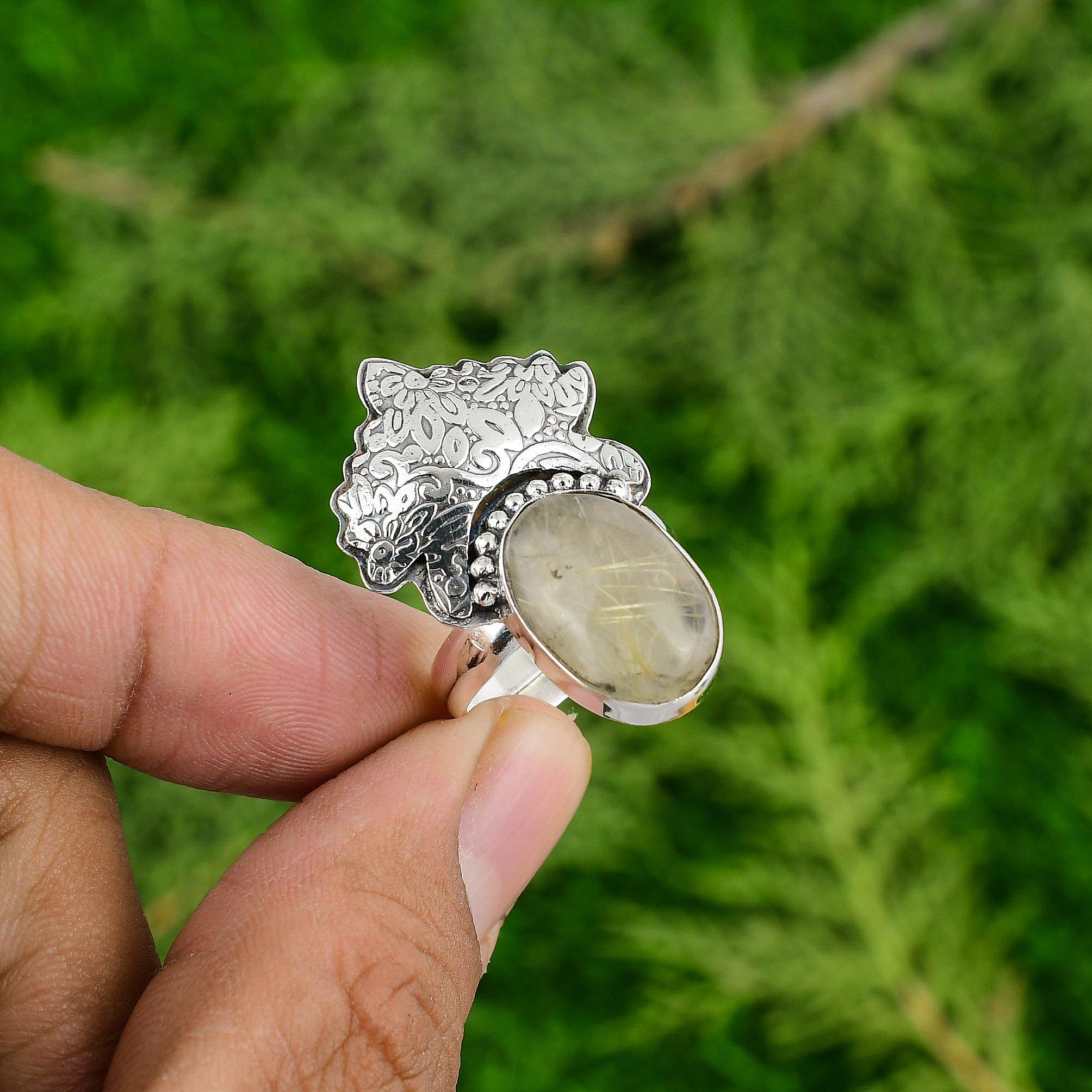 Mothers Day Sale Golden Rutile Stone Sterling Silver Statement Wife Ring Jewelry