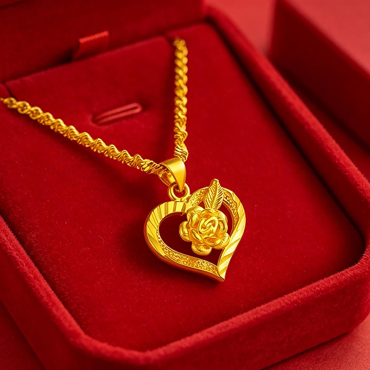 Rose Love Gold Pendant Necklace for Women, Rose Heart Love Pendant Choker Chain, Korean Simple Vintage Accessories