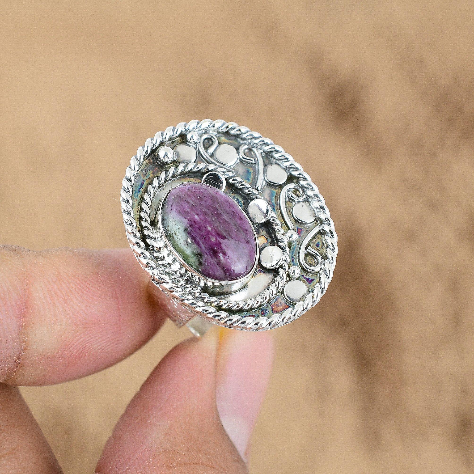 925 Silver Oval Ruby Zoisite Stone Elegant Statement Trendy Promise Mother Ring