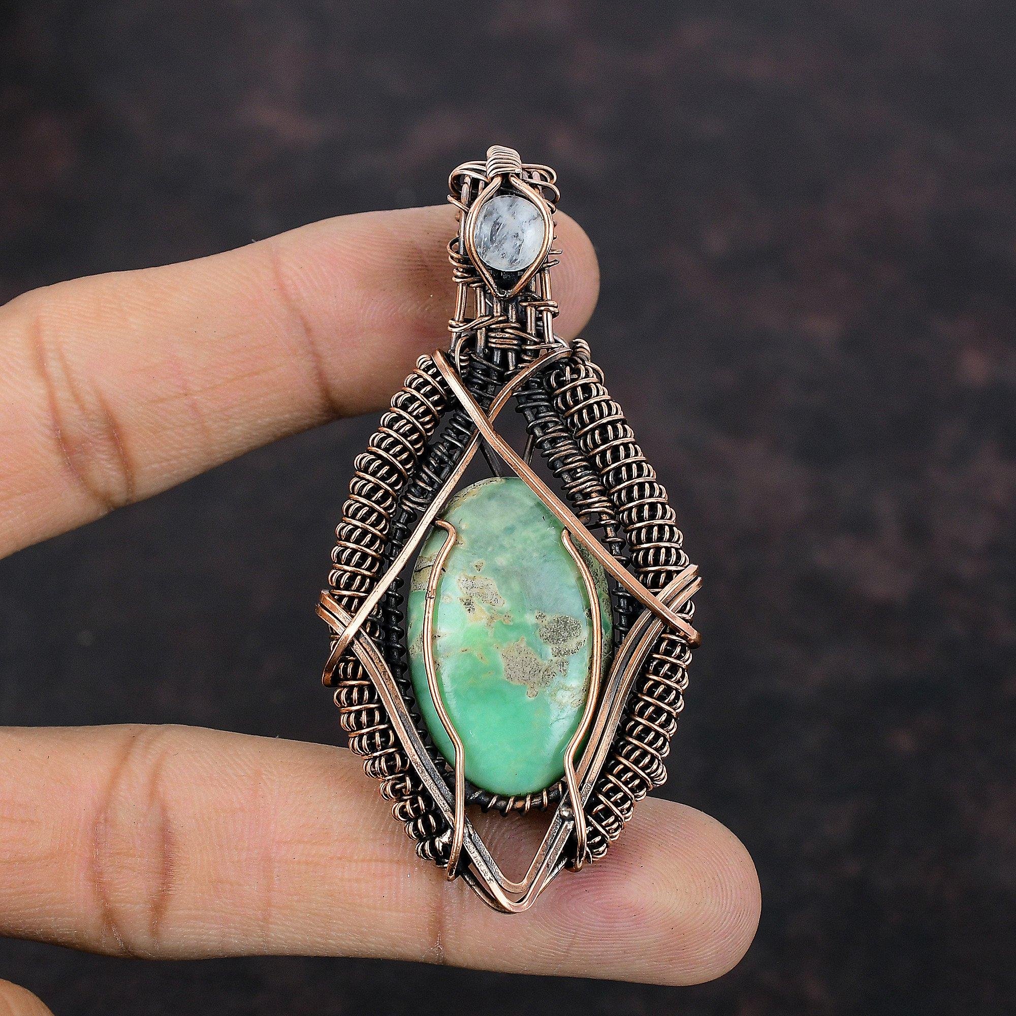 Variscite Pendant Copper Wire Wrapped Pendant Gemstone Copper Jewelry Rainbow Moonstone Pendant Engagement Gift Handmade Variscite Jewelry